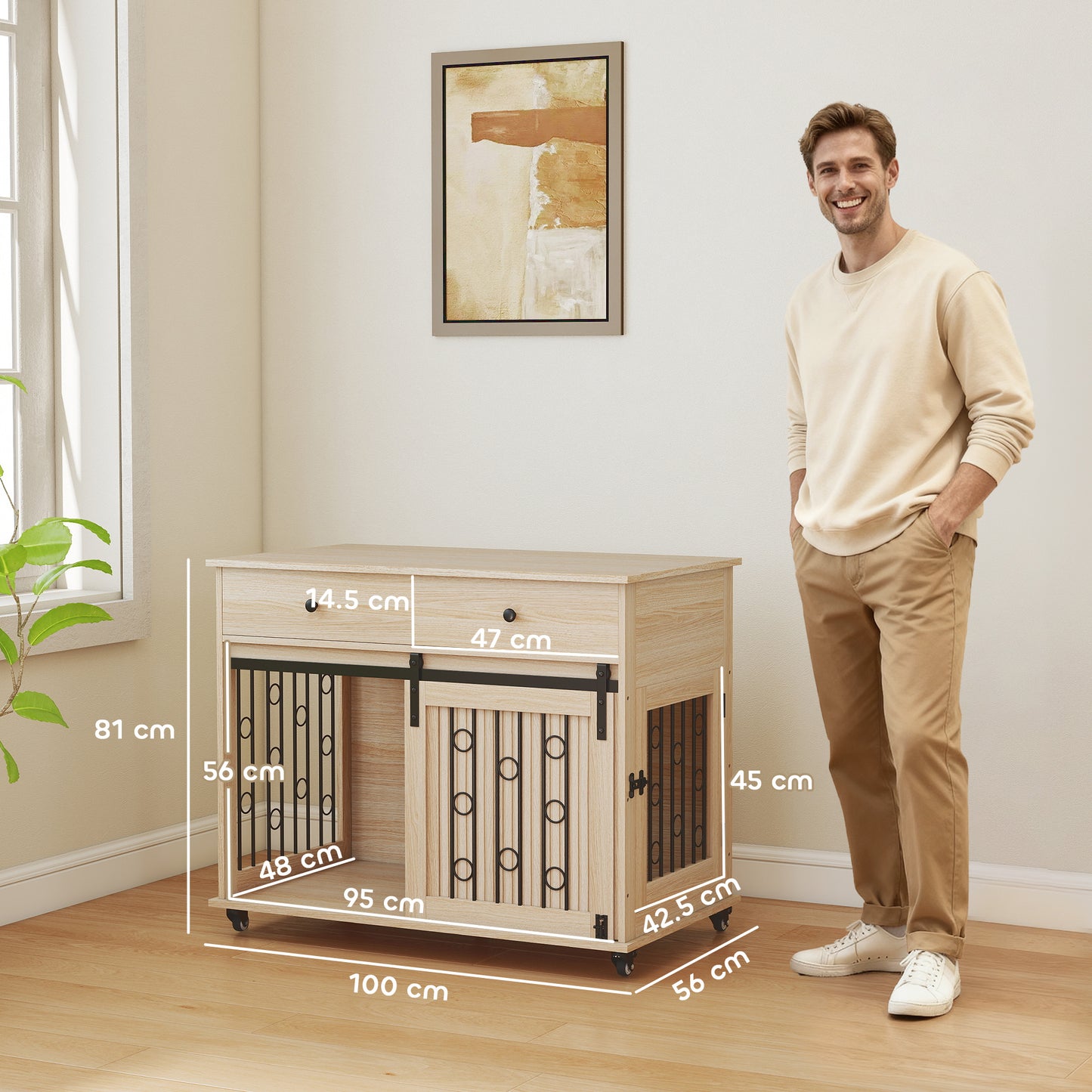 PawHut Dog Crate Furniture on Wheels, Dog Cage with 2 Drawers, Sliding Door, for Medium Large Dogs, Oak Tone