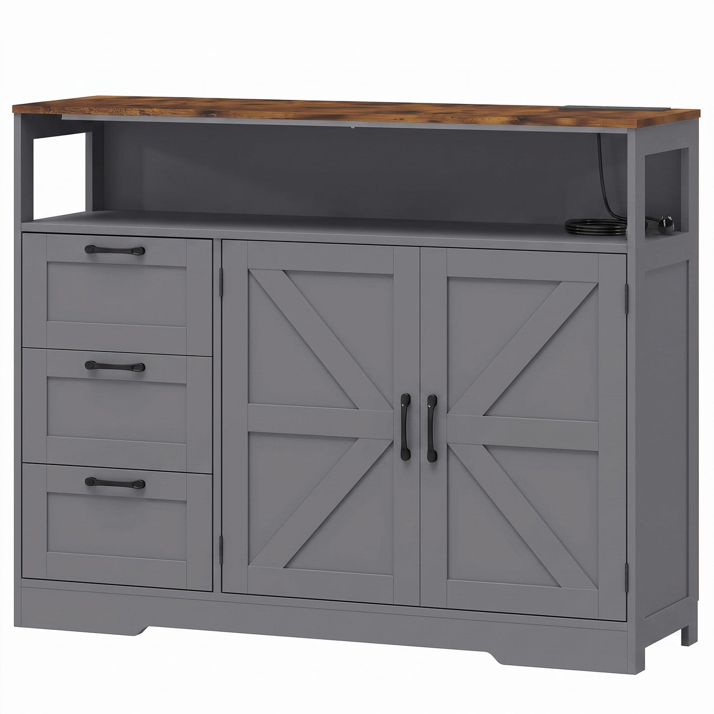 HOMCOM Sideboard Cabinet with Power Outlet, Farmhouse Kitchen Cabinet with 3 Drawers and Open Shelf, Grey