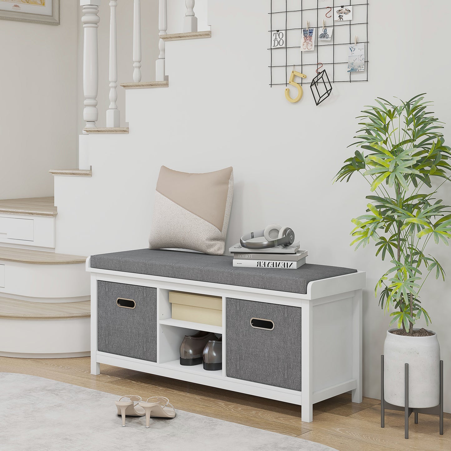 HOMCOM Shoe Bench with 2 Drawers and Cushion - White