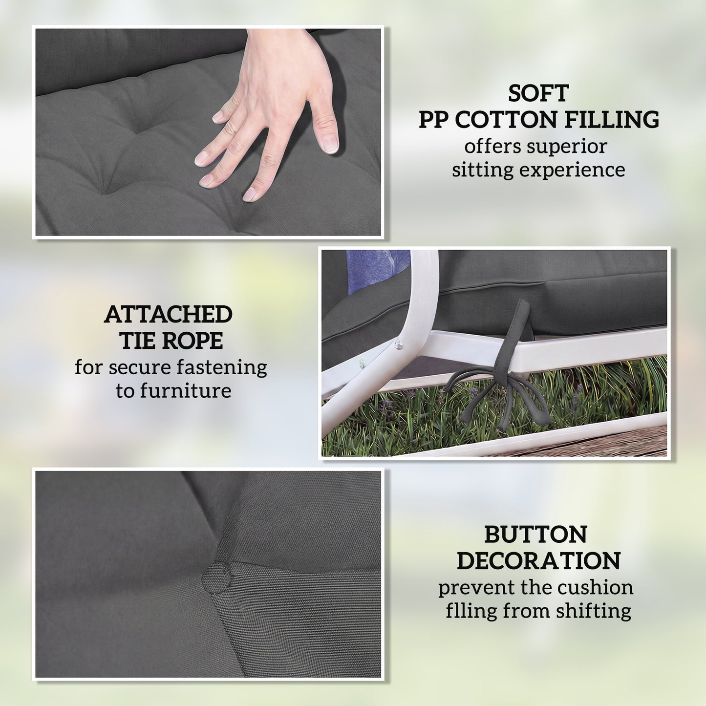 Outsunny Garden Bench Cushion, 2 Seater Swing Chair Cushion, Seat Pad with Ties for Indoor and Outdoor Use, 110 x 120 cm, Black