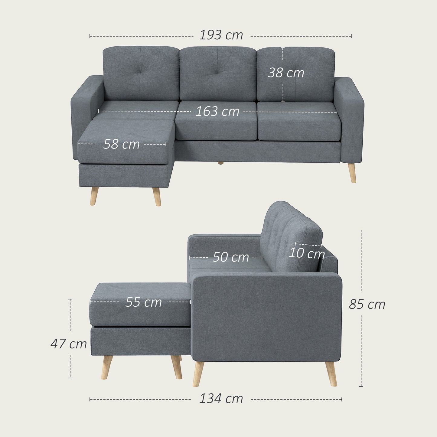 HOMCOM 3 Seater Fabric L-Shaped Sofa with Footstool, Sectional Couch, Wood Legs, Tufted Back for Small Spaces, Living Room/Office, Dark Grey