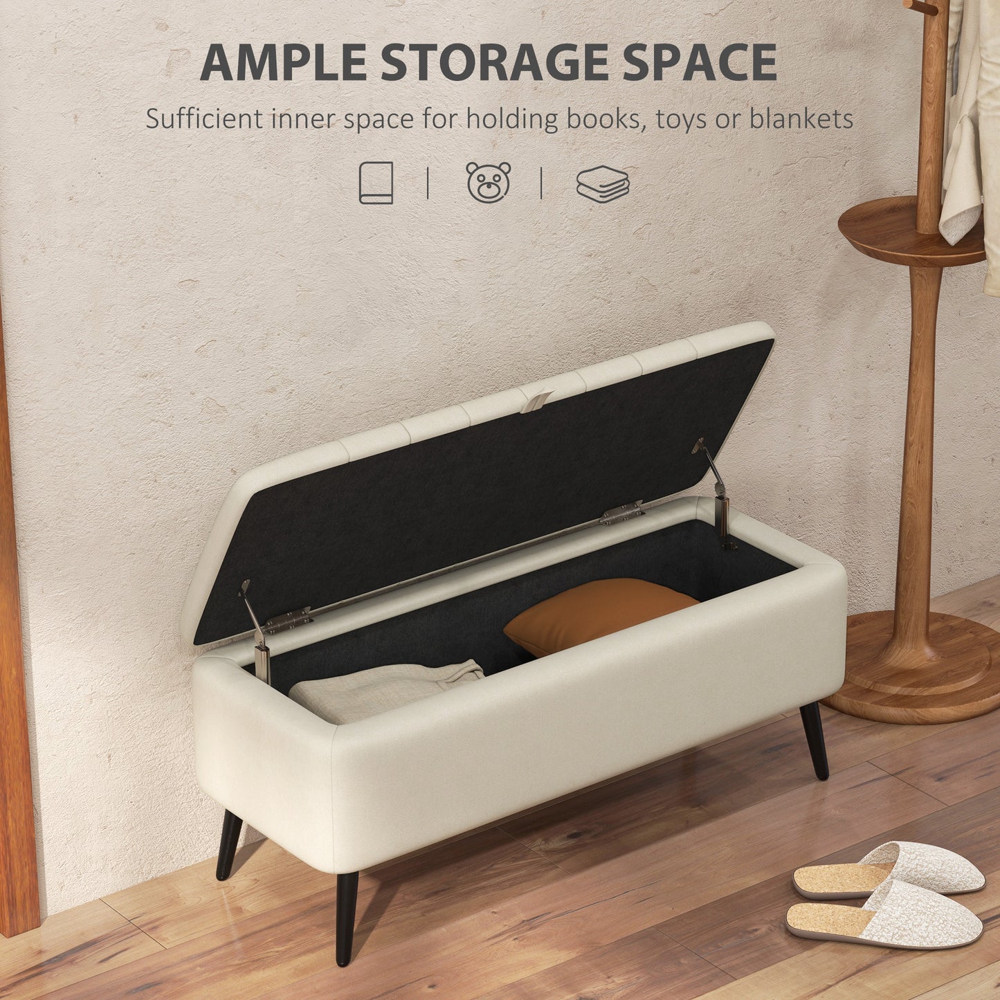 HOMCOM Storage Ottoman Linen Fabric Bench with Flip Top - Cream White