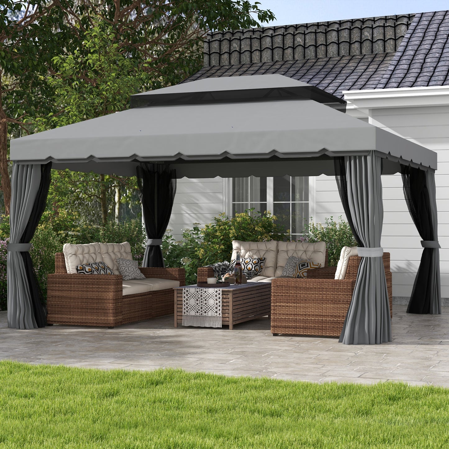 Outsunny 3 x 4m Aluminium Garden Gazebo, Marquee Canopy Shelter Pavilion Party Tent with Nets and Curtains for Garden and Deck, Light Grey