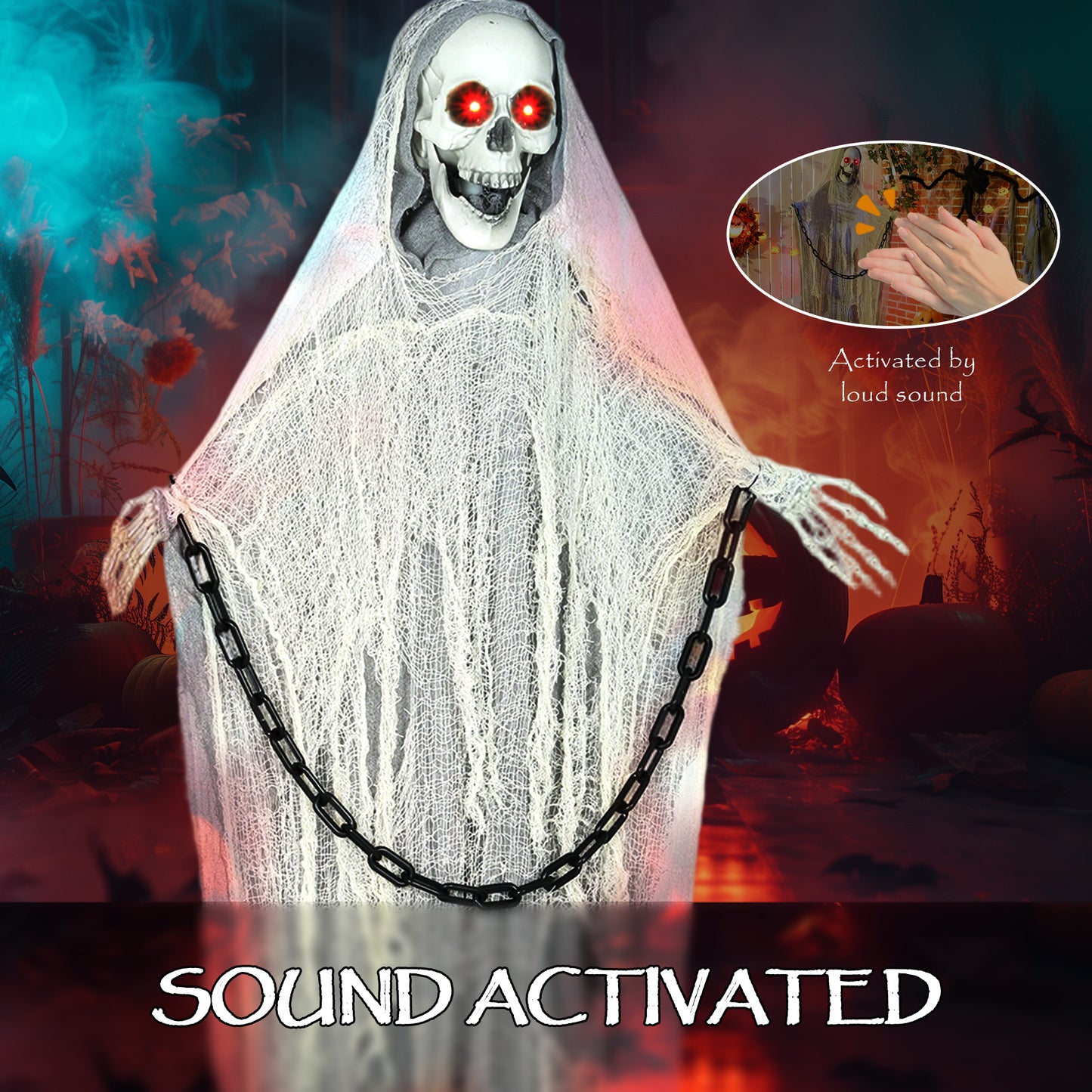 Outsunny 183 cm Life Size Animated Skeleton Grim Reaper with Glowing LED Eyes, Scary Halloween Decorations, Battery Operated, Indoor Props