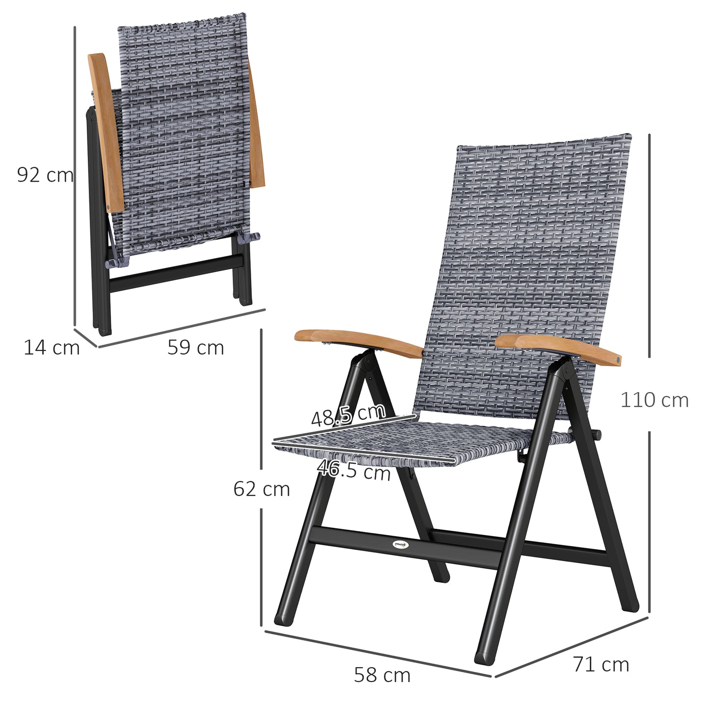Outsunny 2 Pieces Outdoor Foldable Dining Chair with Armrests, High Backrest, for Garden, Camping, Balcony, Light Grey