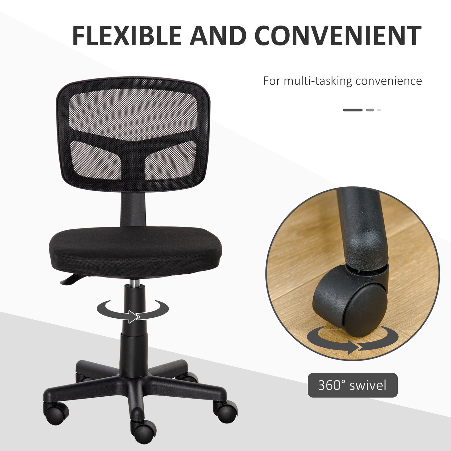 Vinsetto Ergonomic Swivel Mesh Desk Chair, Armless, Curved Back, Height Adjustable, Wheels, 120 kg Capacity, for Home Office, Black.