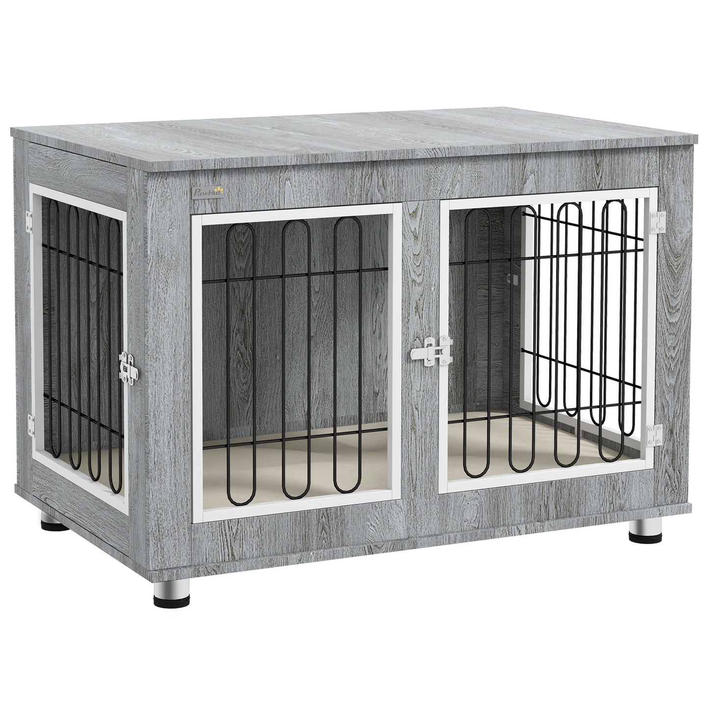 PawHut Dog Crate Furniture End Table, with Washable Cushion, Double Doors, for Medium/Large Dogs, Grey