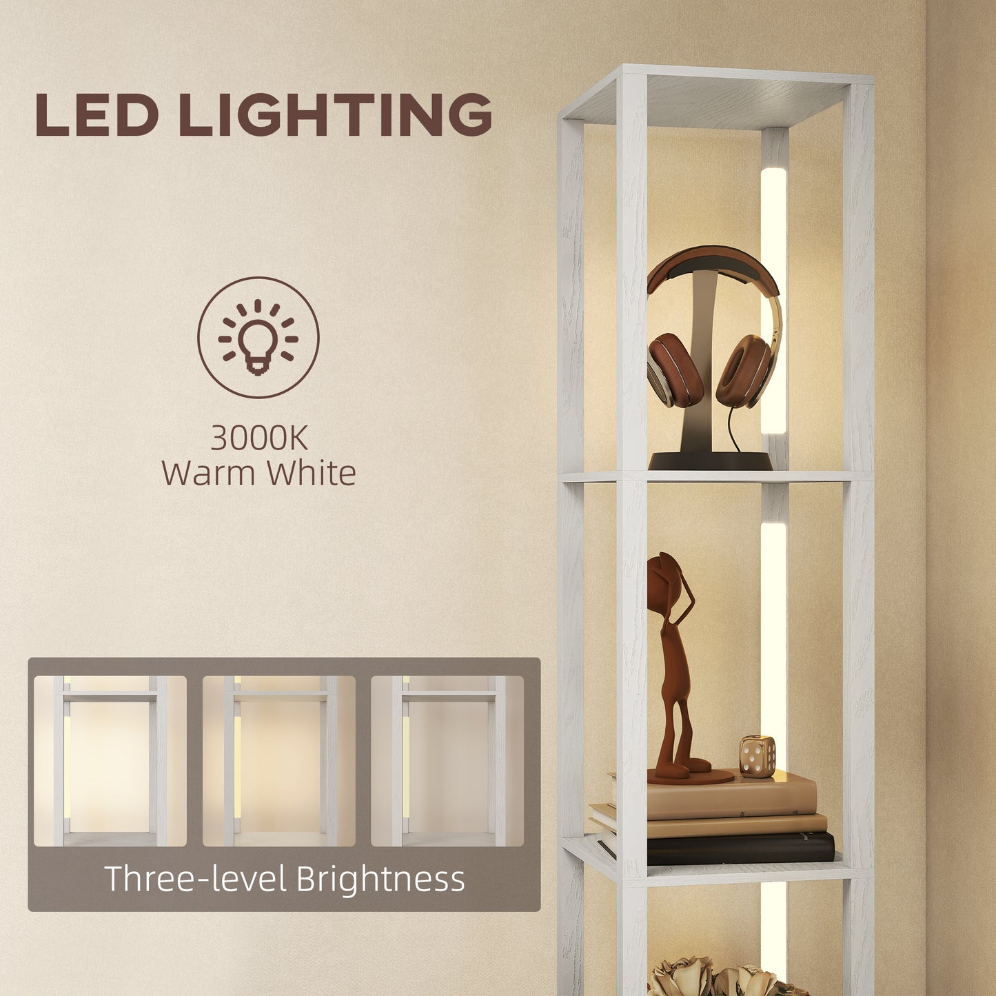 HOMCOM Floor Lamp with Shelves, LED Column Modern Standing Lamp, Adjustable Brightness, Foot Switch, Fabric Drawer, for Living Room, Bedroom, Office, White