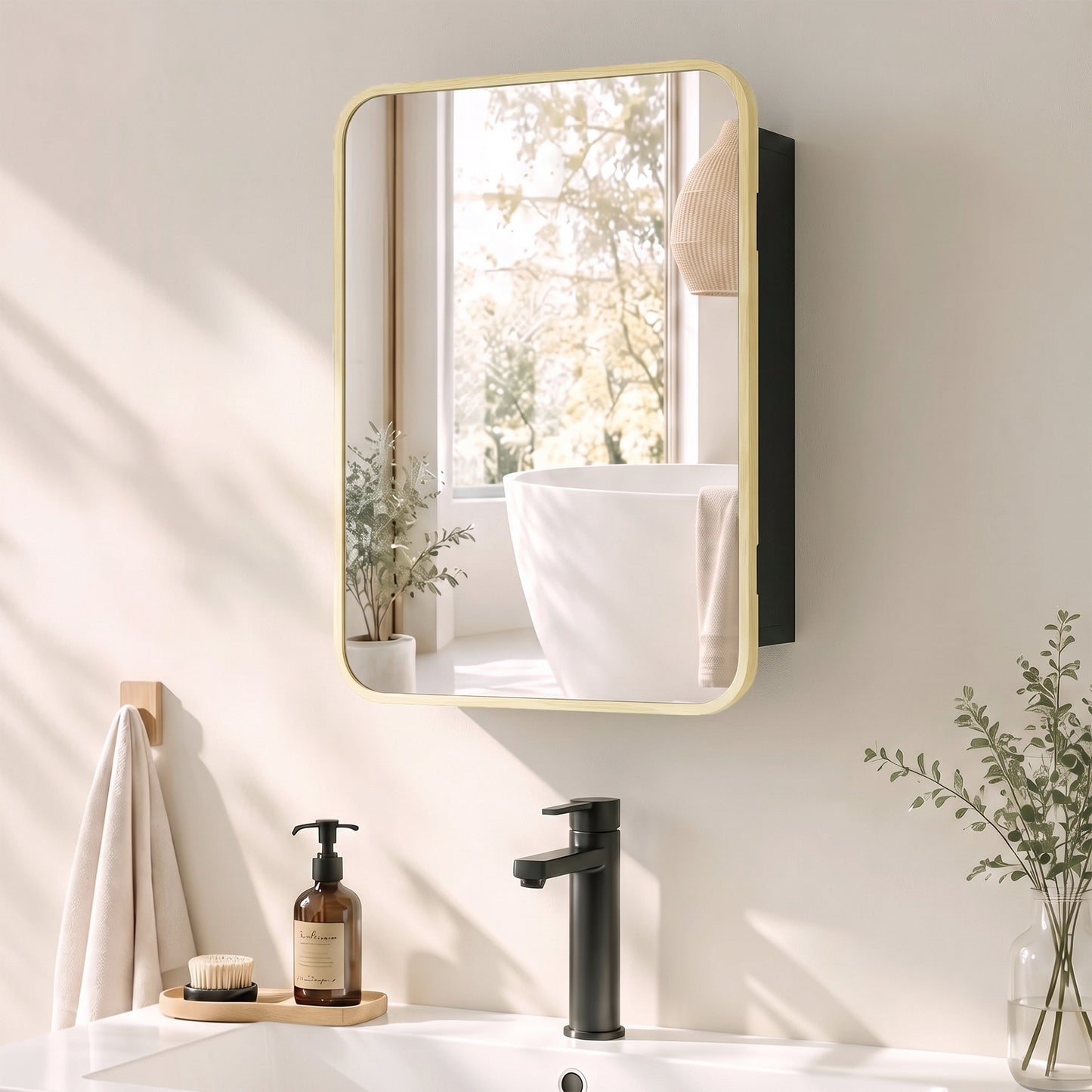HOMCOM Bathroom Medicine Mirror Cabinet, Bathroom Wall Cabinet w/ Storage, Magnetic Door, Adjustable Shelf, Natural Wood Finish