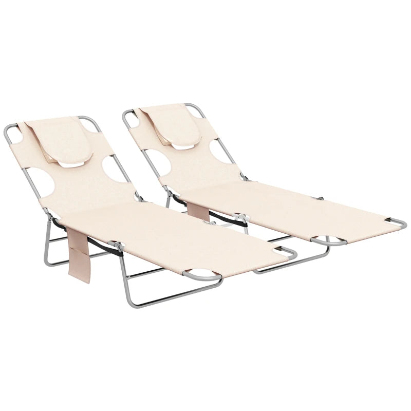 Outsunny Foldable Sun Lounger Set of 2, Beach Chaise Lounges with Reading Hole, Arm Slots, 5-Position Adjustable Backrest, Side Pocket, Pillow for Patio, Garden, Beach, Pool, Beige