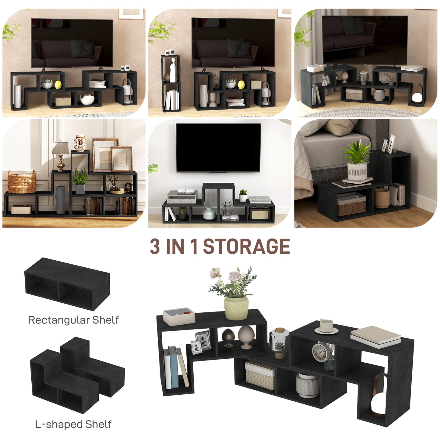 HOMCOM TV Stand for TVs up to 75", Storage Shelves, Extendable Unit, Black Wood Grain