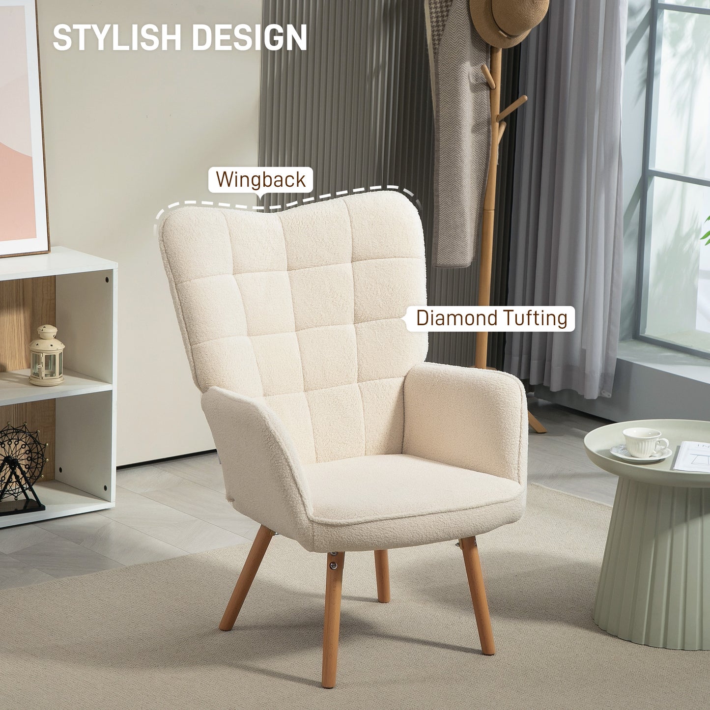 HOMCOM Modern Accent Chair, Upholstered Tufted Wingback Armchair with Seat Padding, Leisure Lounge Bedroom Chair with Wood Legs, Cream White