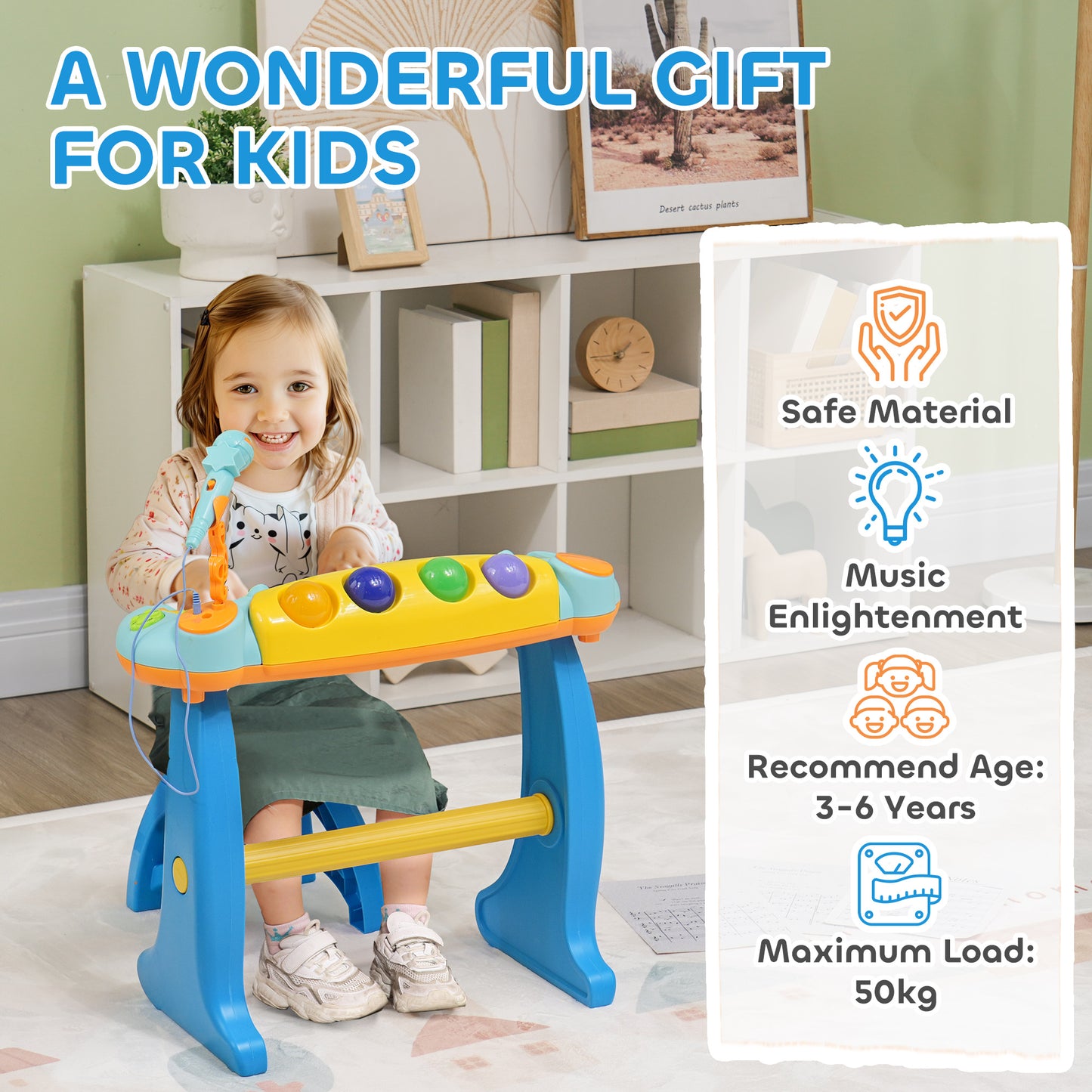 AIYAPLAY 37-Key Kids Piano w/ Microphone, Stool, LED Lights, Record & Replay, Function, Blue