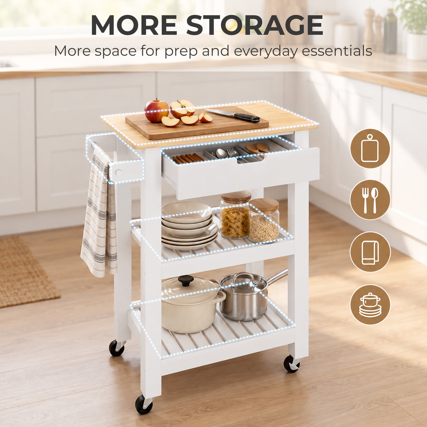 HOMCOM Kitchen Trolley Utility Cart on Wheels with Rubberwood Worktop, Towel Rack, Storage Shelves & Drawer for Dining Room