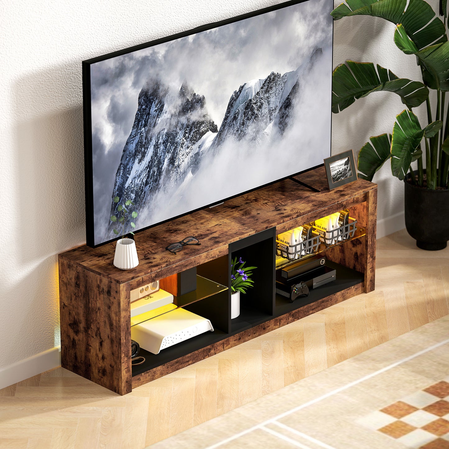 HOMCOM TV Stand Cabinet with LED Lights & Remote Control for TVs up to 65", Storage Shelves & Compartment, Rustic Brown