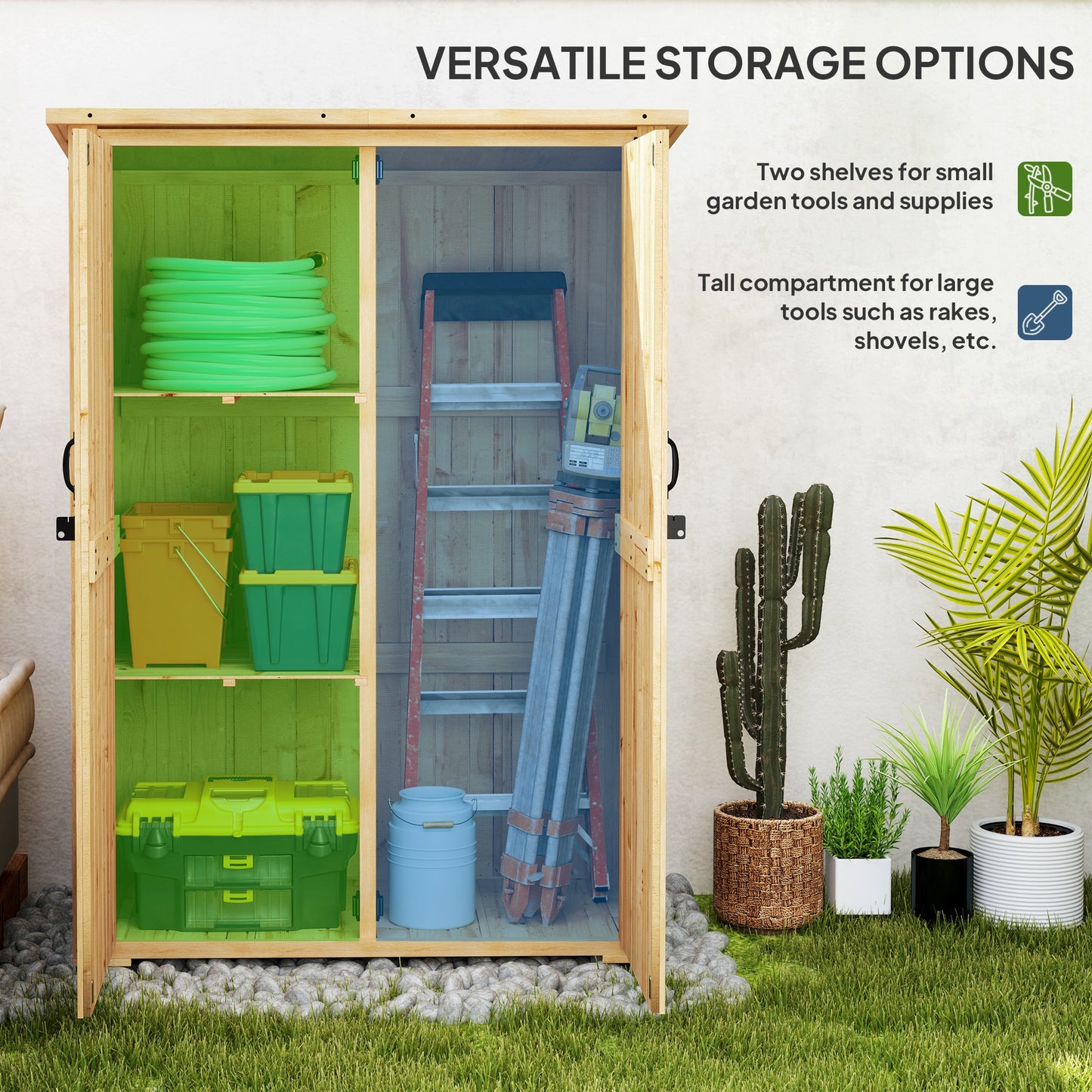Outsunny Wooden Garden Storage Shed, Tool Cabinet with Asphalt Roof & 2 Shelves for Tools, Equipment, Double Doors, Natural