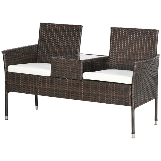 Outsunny Two-Seat Rattan Chair with Middle Table - Brown