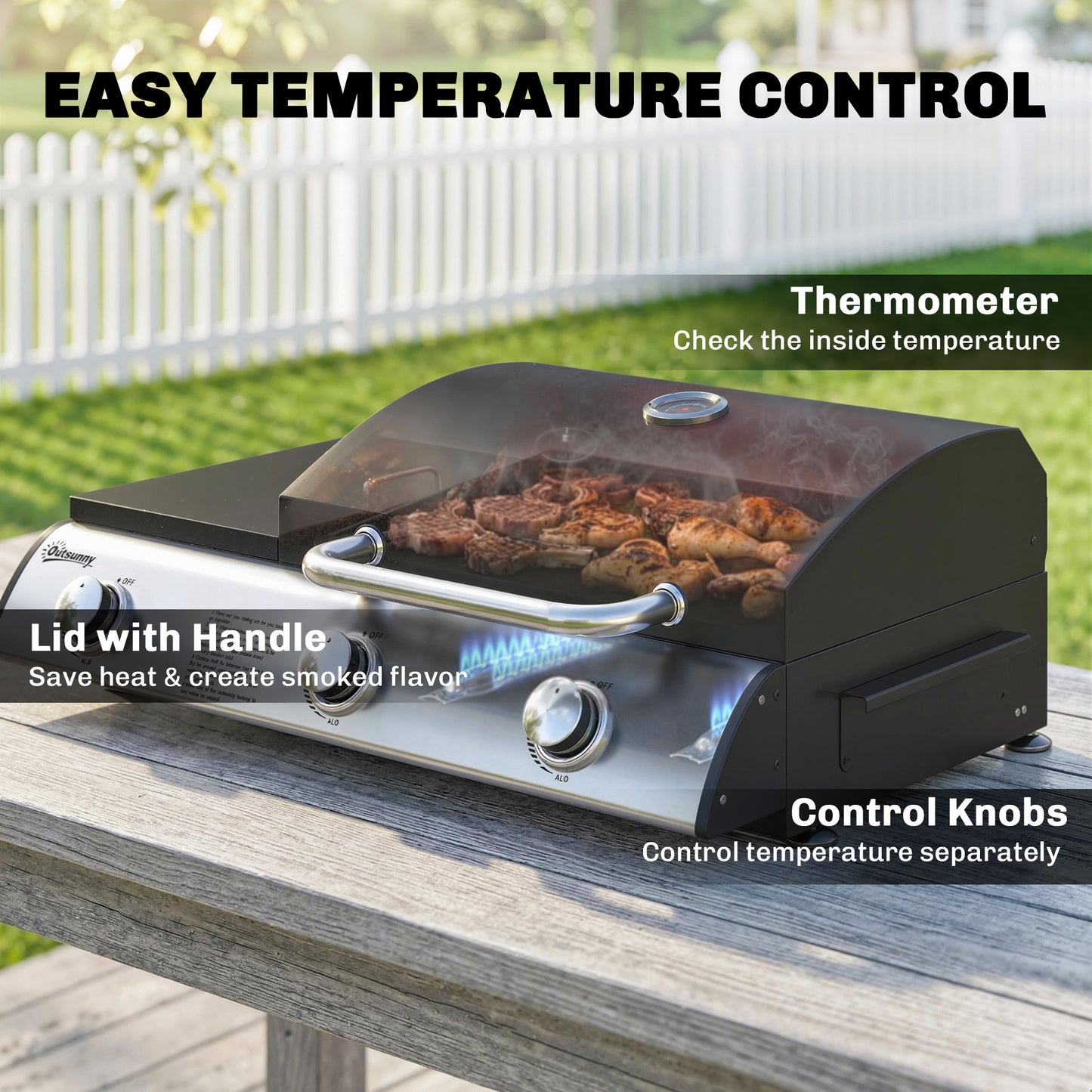 Outsunny 3 Burner Portable Gas Plancha BBQ Grill, 7.5 kW Outdoor Tabletop Gas Barbecue Grill with Griddle, Thermometer,, Black