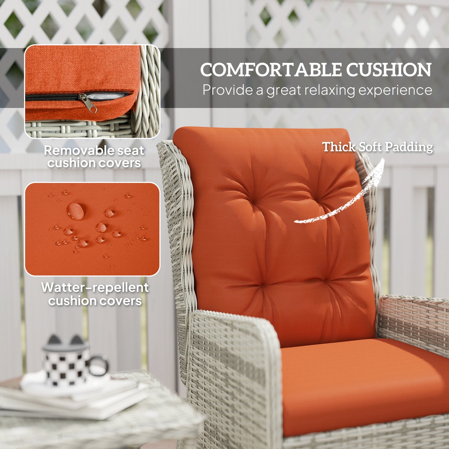Outsunny 5-Piece Rattan Bistro Set: Reclining Chairs, Cushions, Glass Table, Footstools - Orange