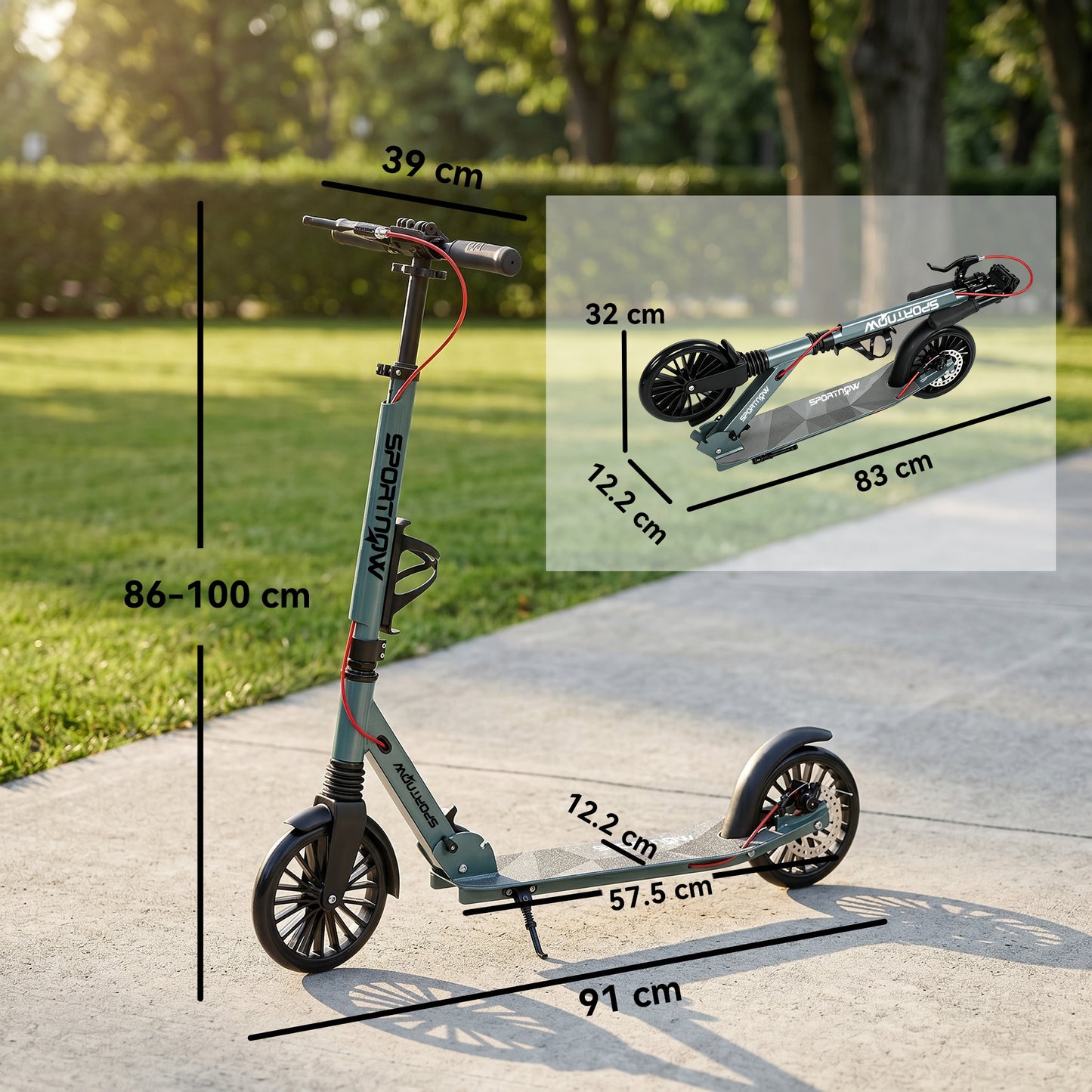 SPORTNOW Foldable Kick Scooter with Height Adjustable Handlebar, One-click Folding Adult Scooters with 200 mm Big Wheels, Silver