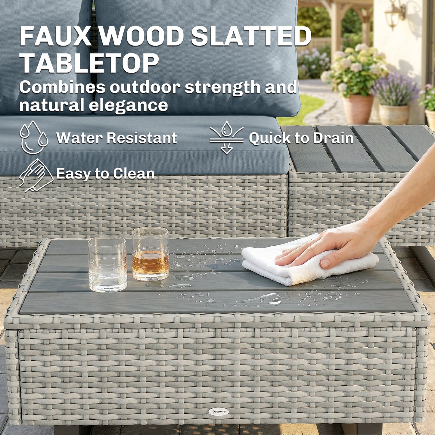 Outsunny 5 Seater Rattan Garden Furniture Set, L Shaped Garden Corner Sofa, Adjustable Back, Faux Wood Tables, Grey