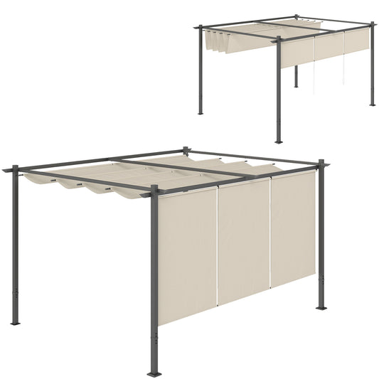 Outsunny 3x4m Metal Pergola with Retractable Roof, Wall-Mounted/Free Standing Garden Gazebo, UPF30+ Sun Shade Shelter, Beige