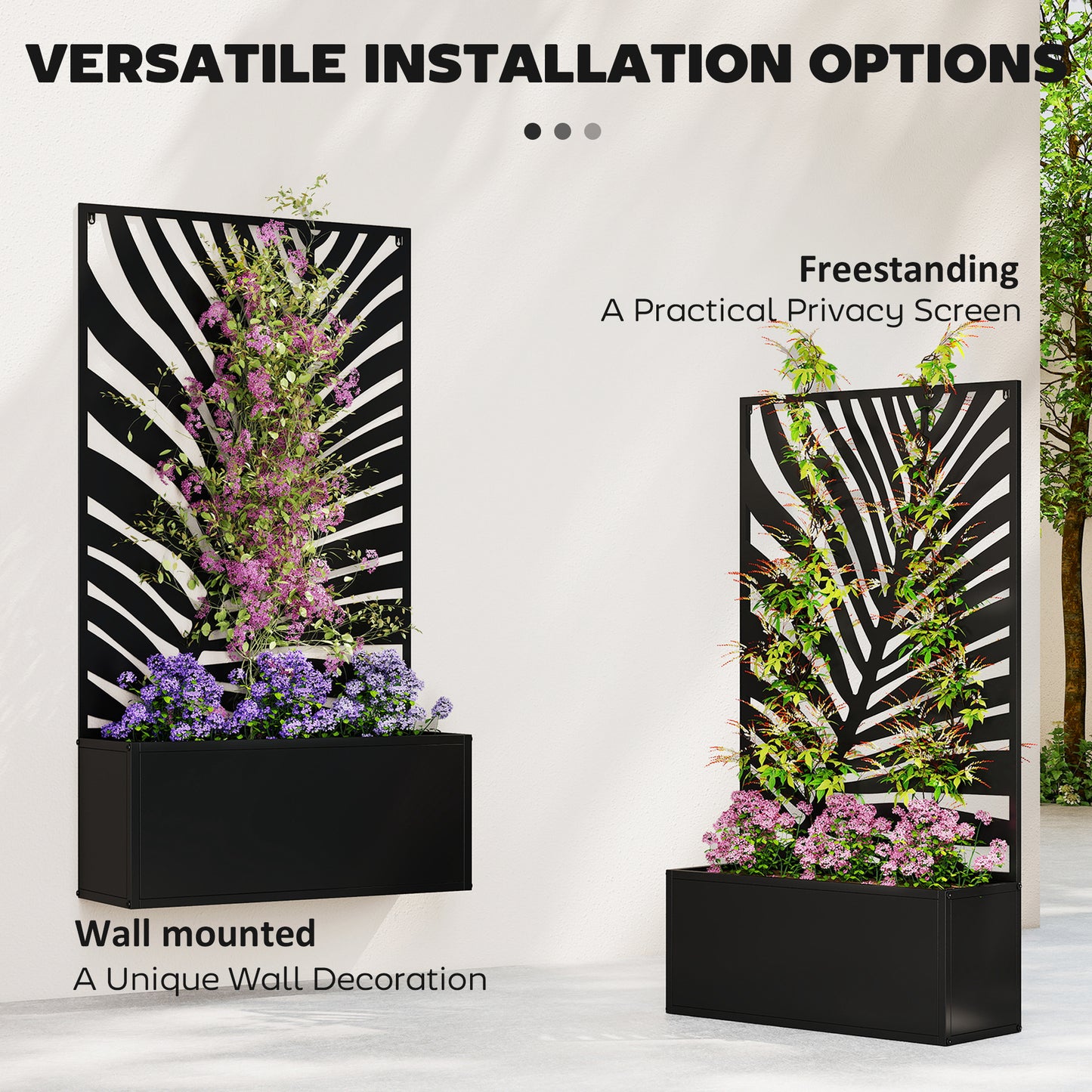 Outsunny Metal Garden Bed for Garden with Trellis, Wall Mounted or Freestanding Raised Planter with Privacy Screen