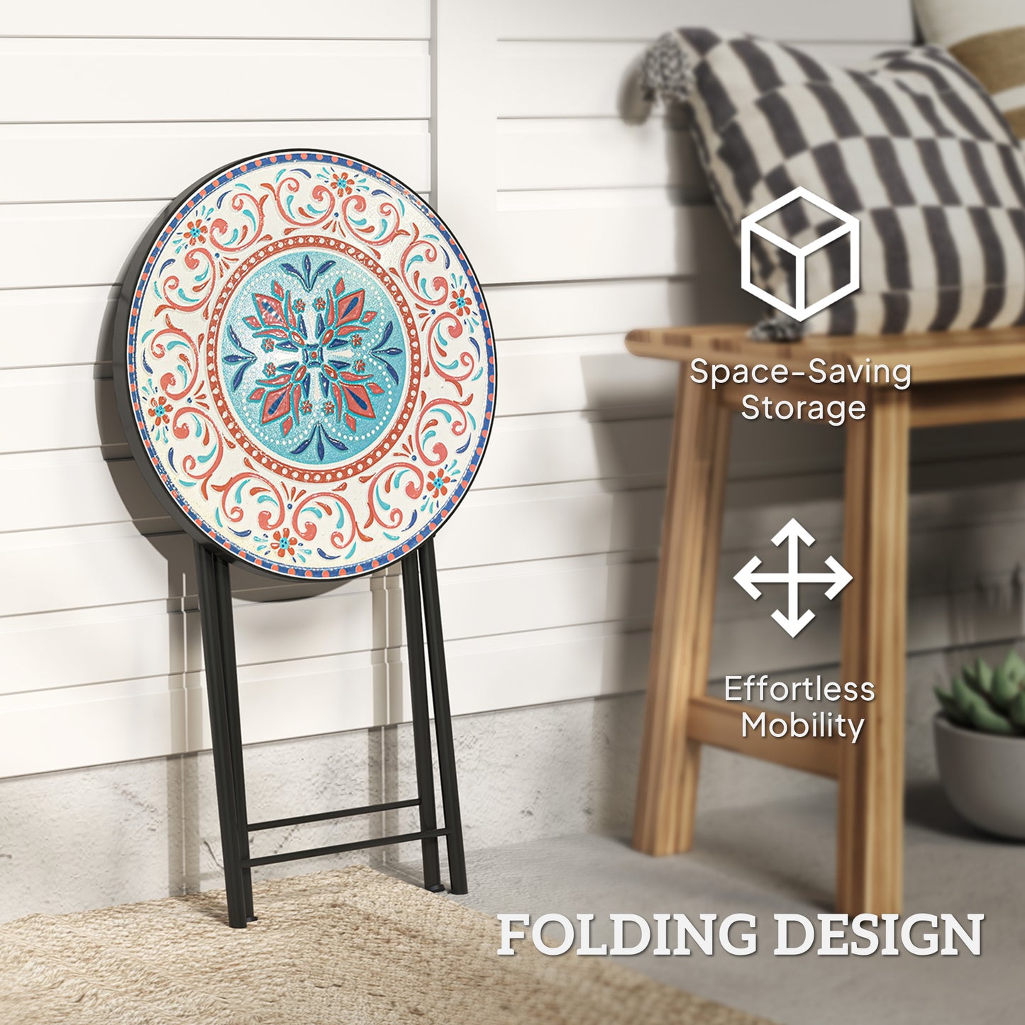 Outsunny Mosaic Garden Table, 35.5cm Round Folding Coffee Table with Metal Frame, Indoor Outdoor Table for Balcony Terrace, Multicolour