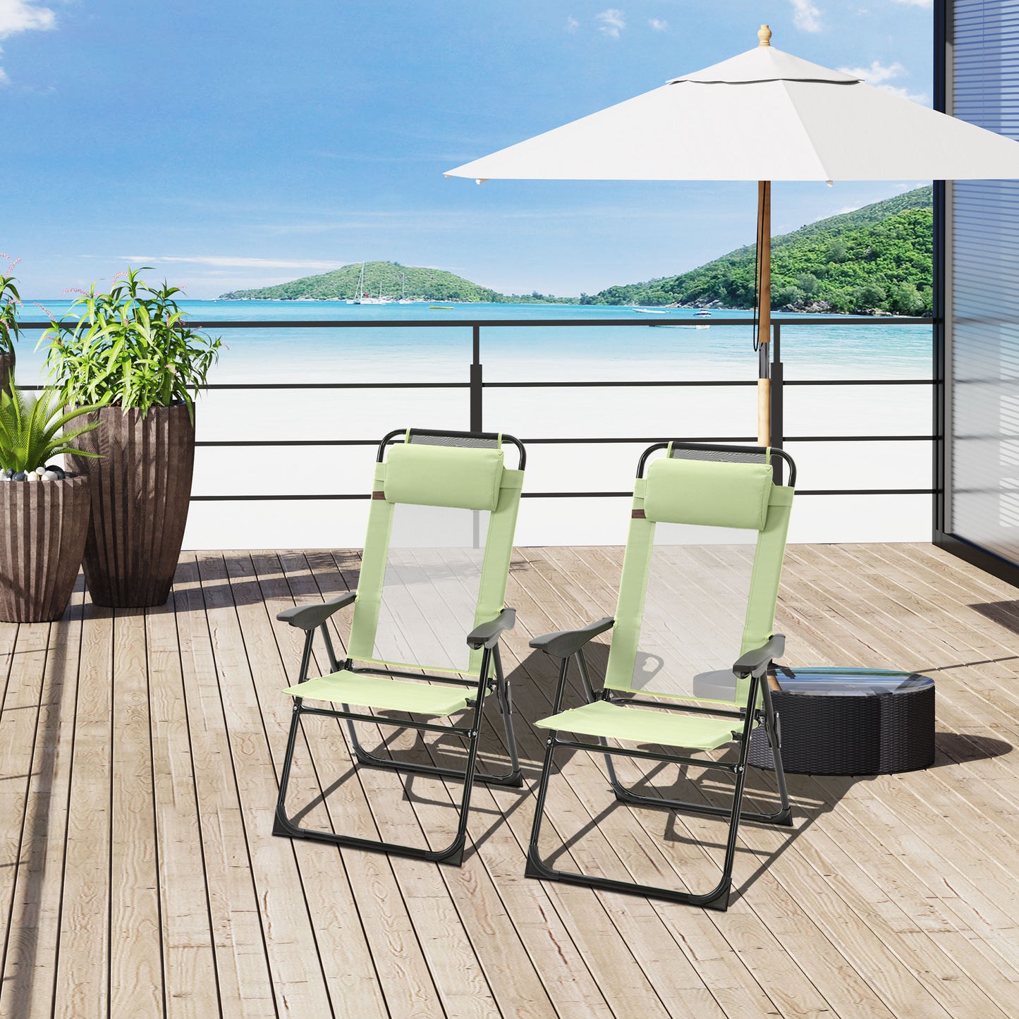 Outsunny Set of 2 Portable Folding Recliner Metal Outdoor Patio Chaise Lounge Chairs with Adjustable Backrest, Green
