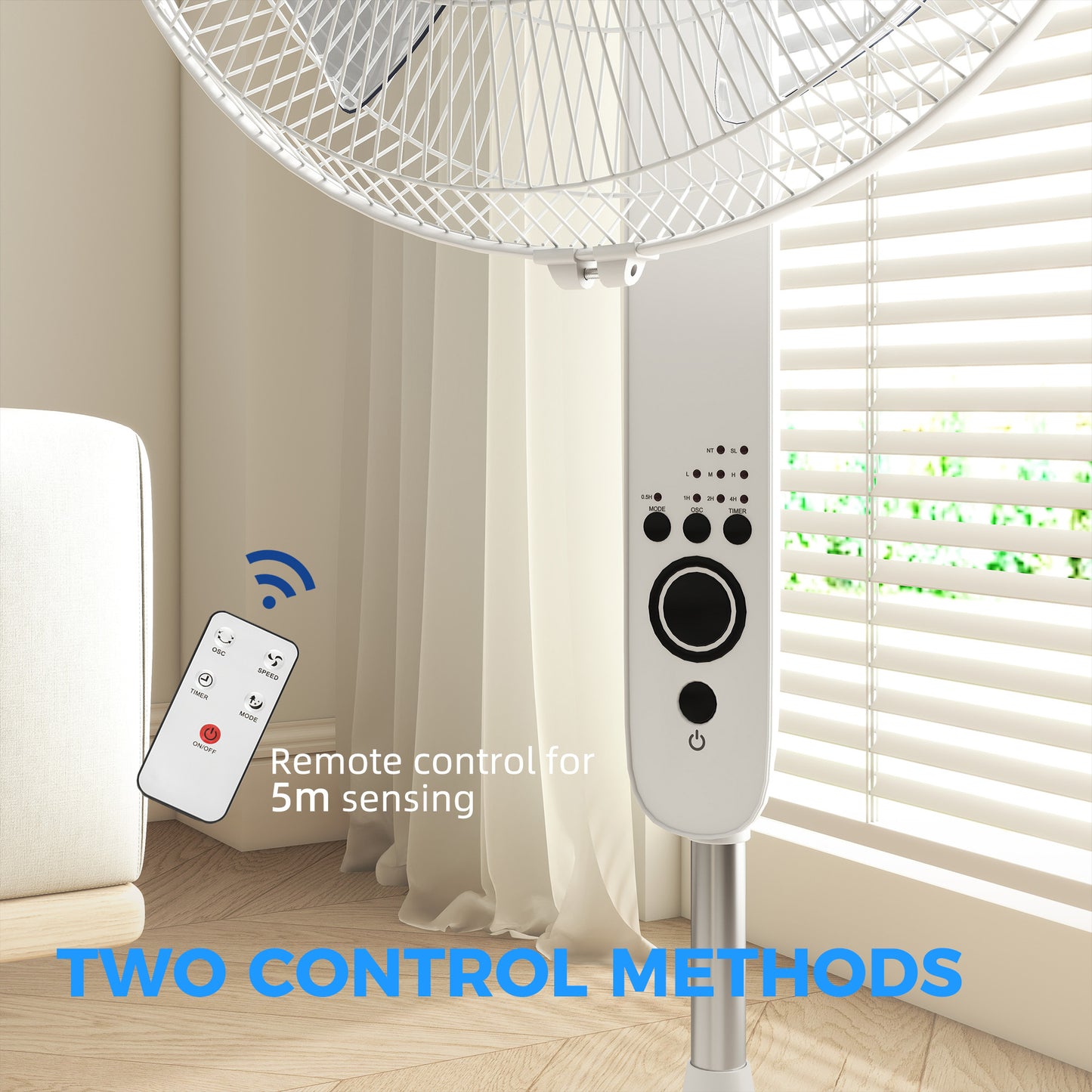 HOMCOM 18" Pedestal Fan with Sleep Mode, Oscillating Standing Fan with 3 Modes, Remote Control, Adjustable Height, White