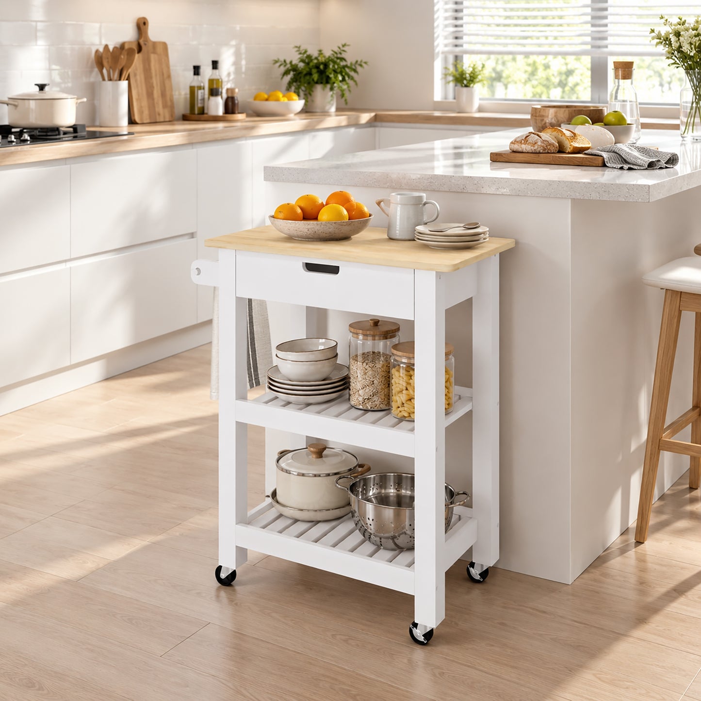 HOMCOM Kitchen Trolley Utility Cart on Wheels with Rubberwood Worktop, Towel Rack, Storage Shelves & Drawer for Dining Room