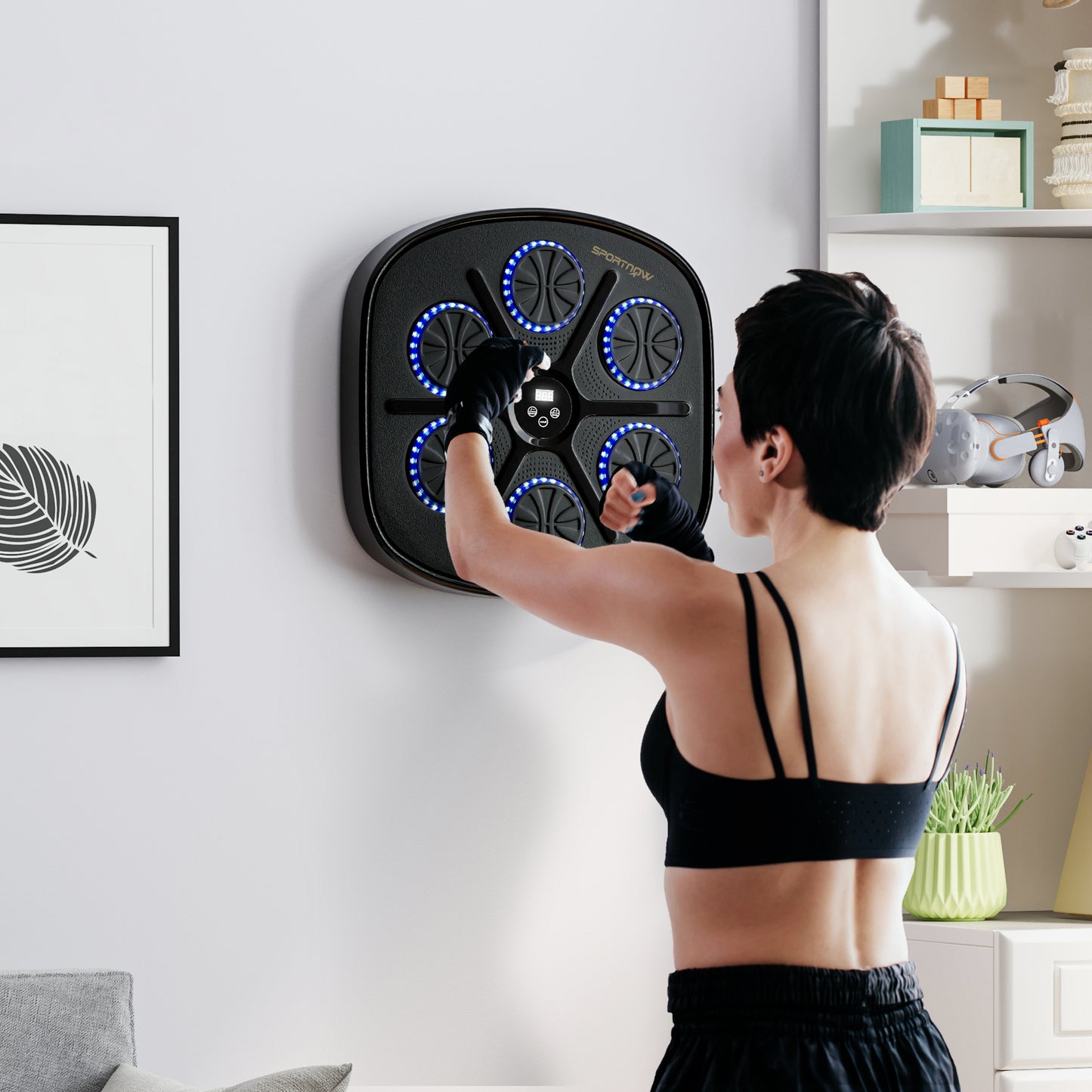 SPORTNOW Music Boxing Machine, Smart Bluetooth Wall-Mounted with 9 Speeds & Modes, LED Lights, Gloves, Punching Pad for Adults, Black