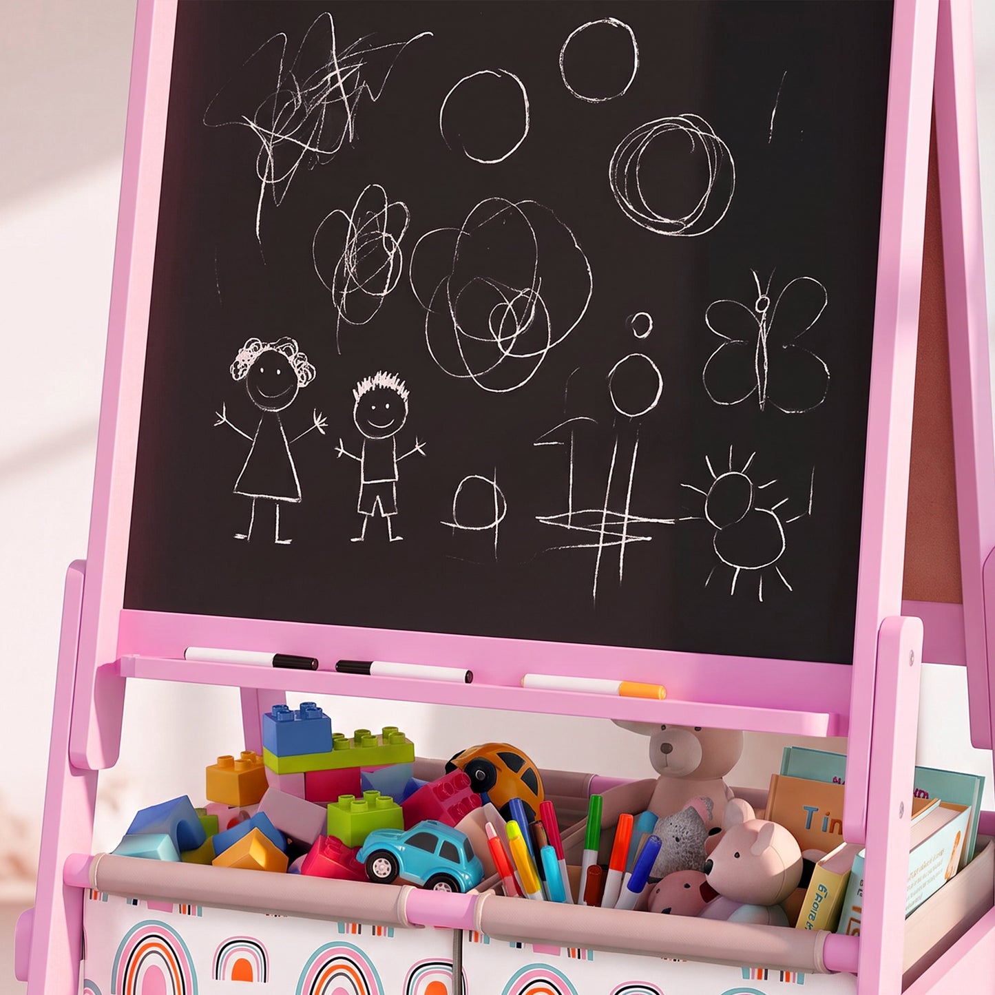 AIYAPLAY Art Easel for Kids, 3-in-1 Kids Easel with Chalkboard, Whiteboard, Paper Roll, Storage, Under-Board Shelf for 3-8, Pink