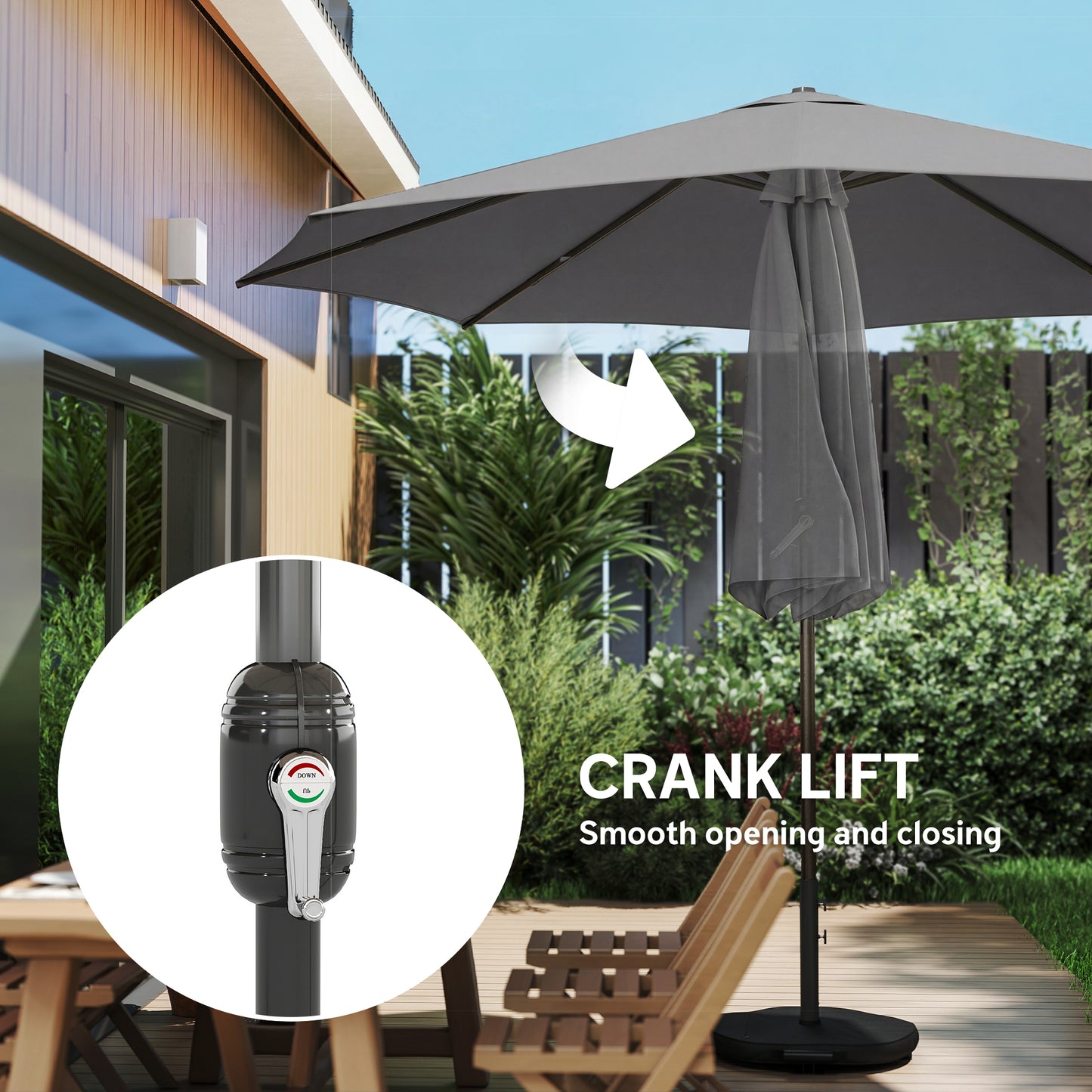 Outsunny 2.7 m Garden Parasol Umbrella with Cross Base and Sandbag, Retractable Ribs, Outdoor Table Market Umbrella, Light Grey