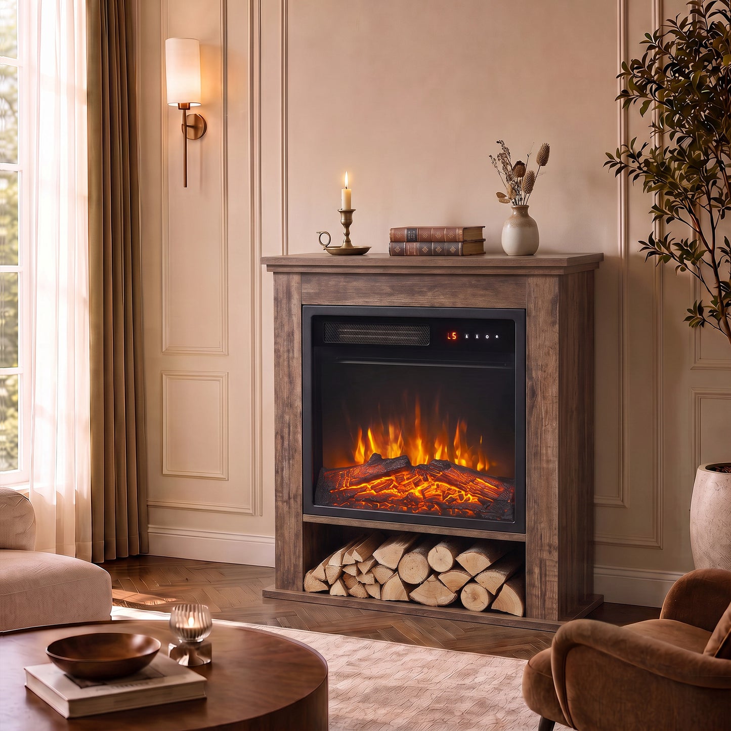 HOMCOM Electric Fireplace Suite with Shelf, 25" 1800W Electric Fire and Surround with LED Flame, 5 Brightness, Remote, Oak
