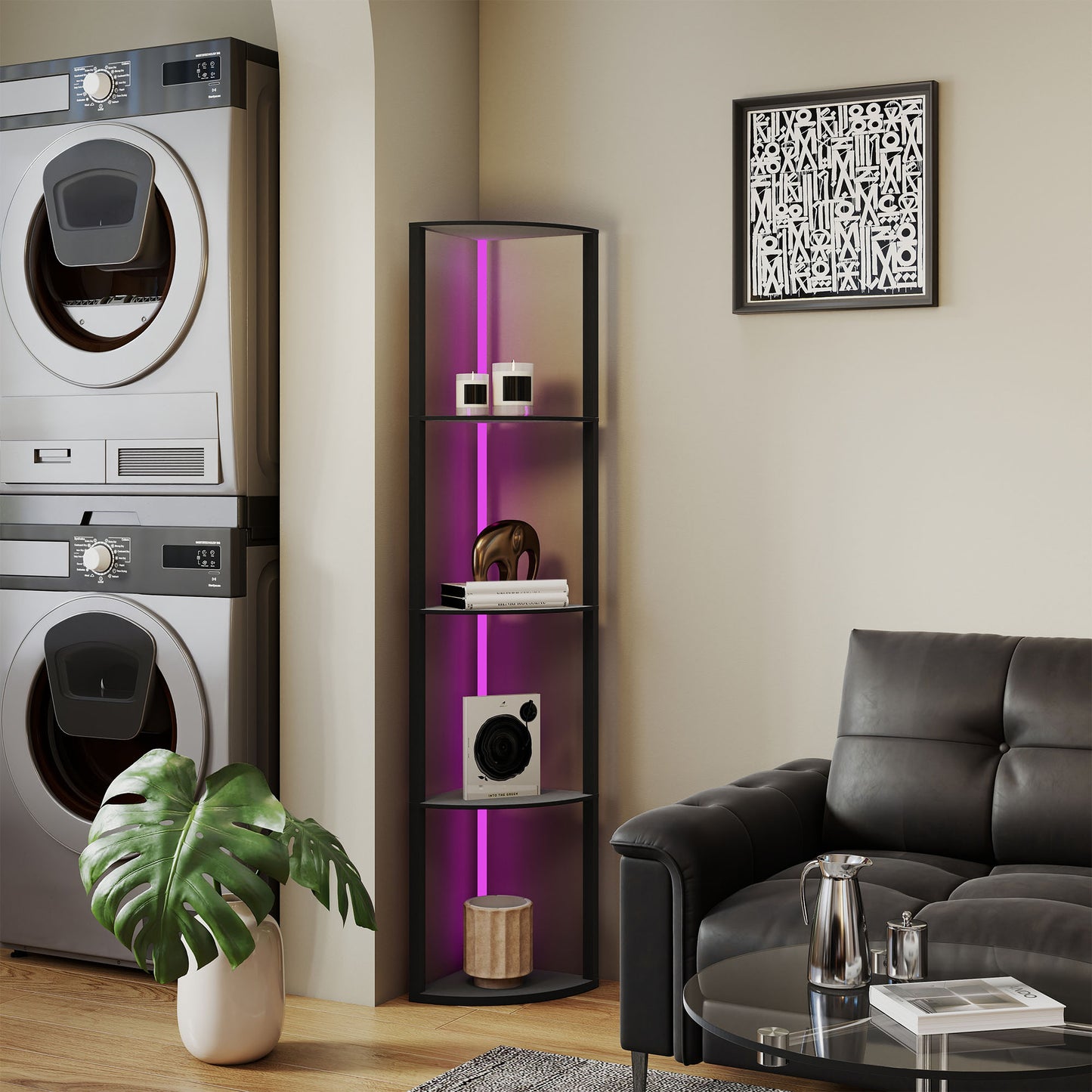 HOMCOM RGB LED Floor Lamp with Shelves, 5-Tier Dimmable Lamp with Remote, Modern Corner Display Shelf for Living Room/Bedroom/Office, Black