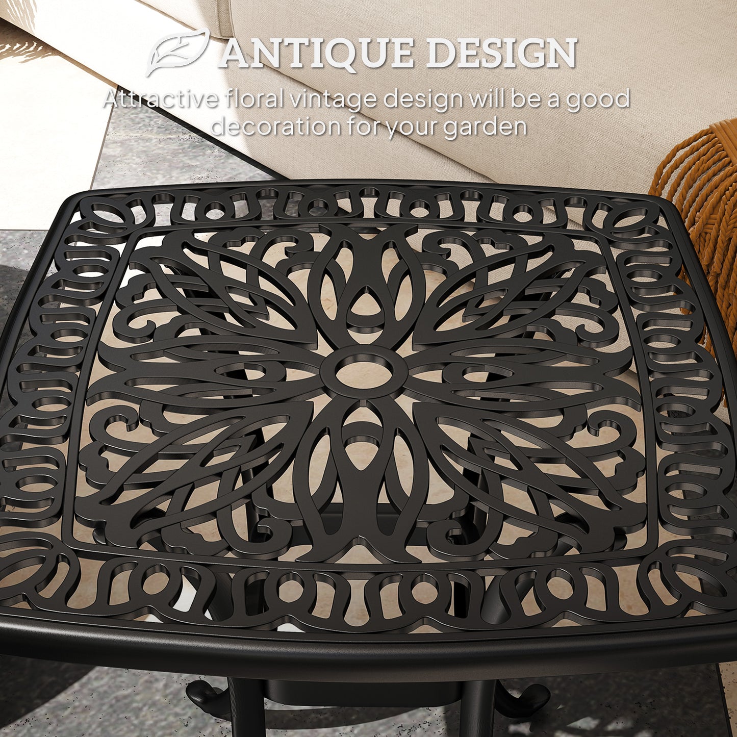 Outsunny Cast Aluminium Garden Table, 38mm Umbrella Hole, Anti-slip Feet, 54 x 54cm, Black