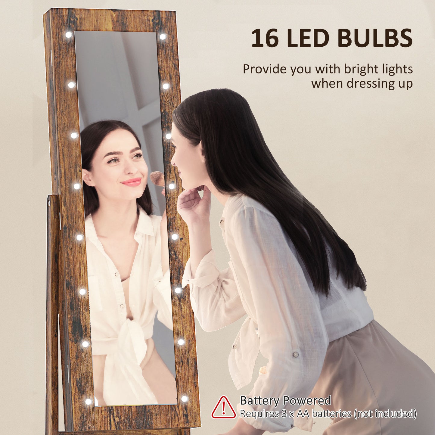 HOMCOM Freestanding Mirror Jewelry Cabinet with LED Lights, Adjustable Organizer for Earrings, Necklaces, Rings, and Lipsticks, Rustic Brown