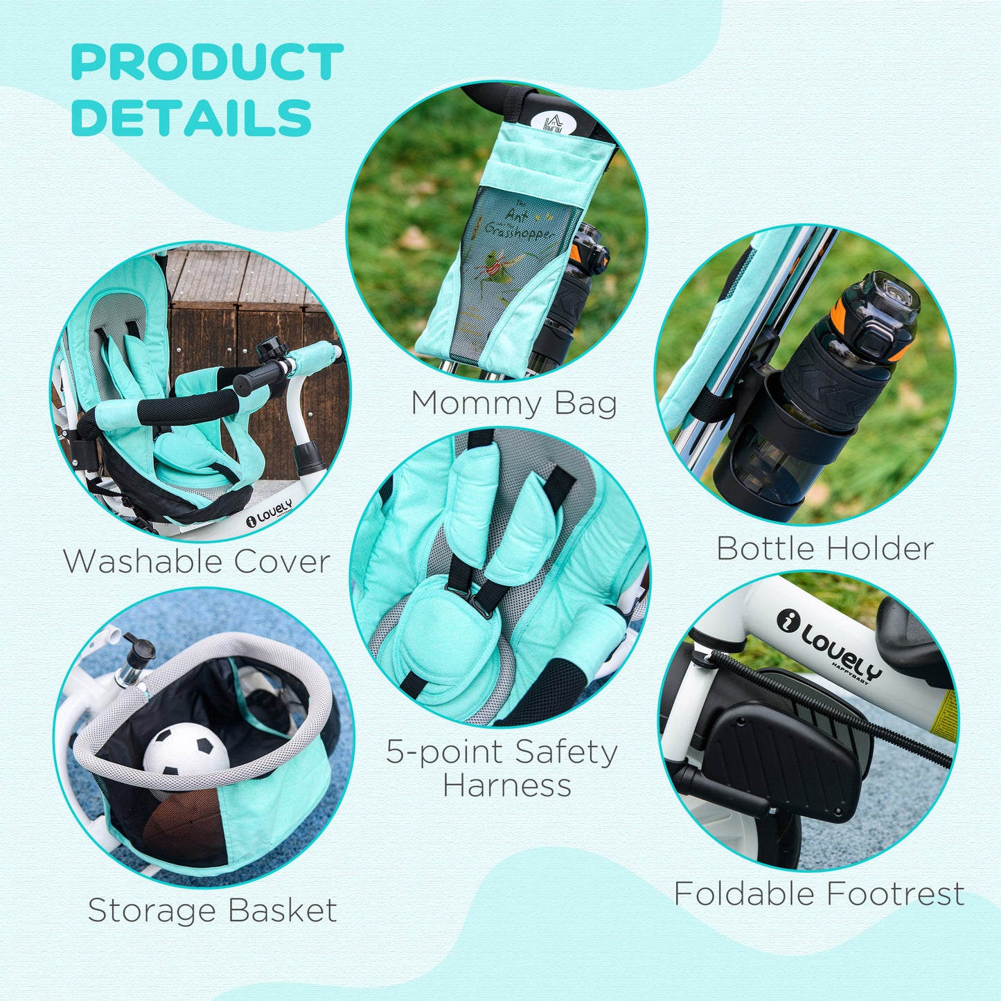 HOMCOM 4 in 1 Kids Trike Push Bike w/ Push Handle Canopy 5-point Safety Belt Storage Footrest Brake for 1-5 Years Green