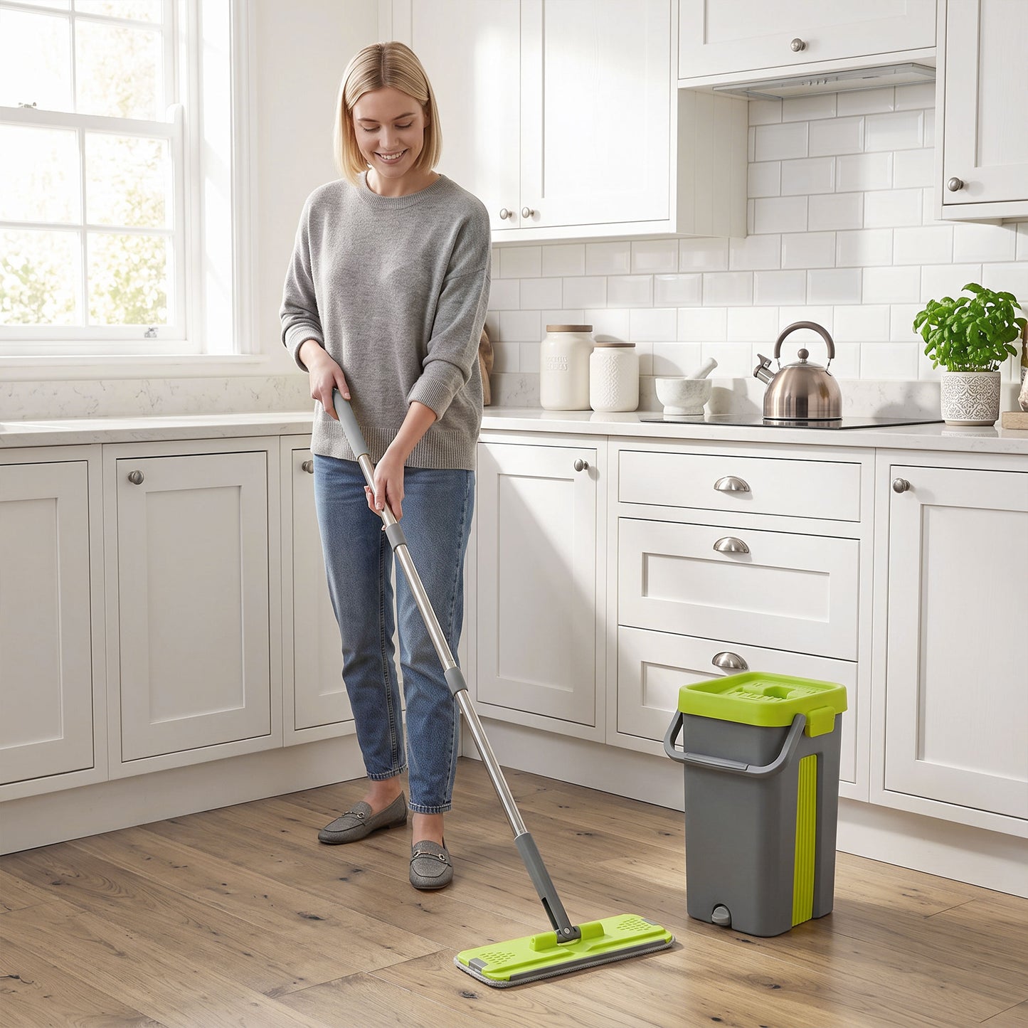 HOMCOM Mop and Bucket with Wringer Set, Flat Mop and Bucket with 2 Chambers, Rotating Head, Wet and Dry Use, Dark Grey