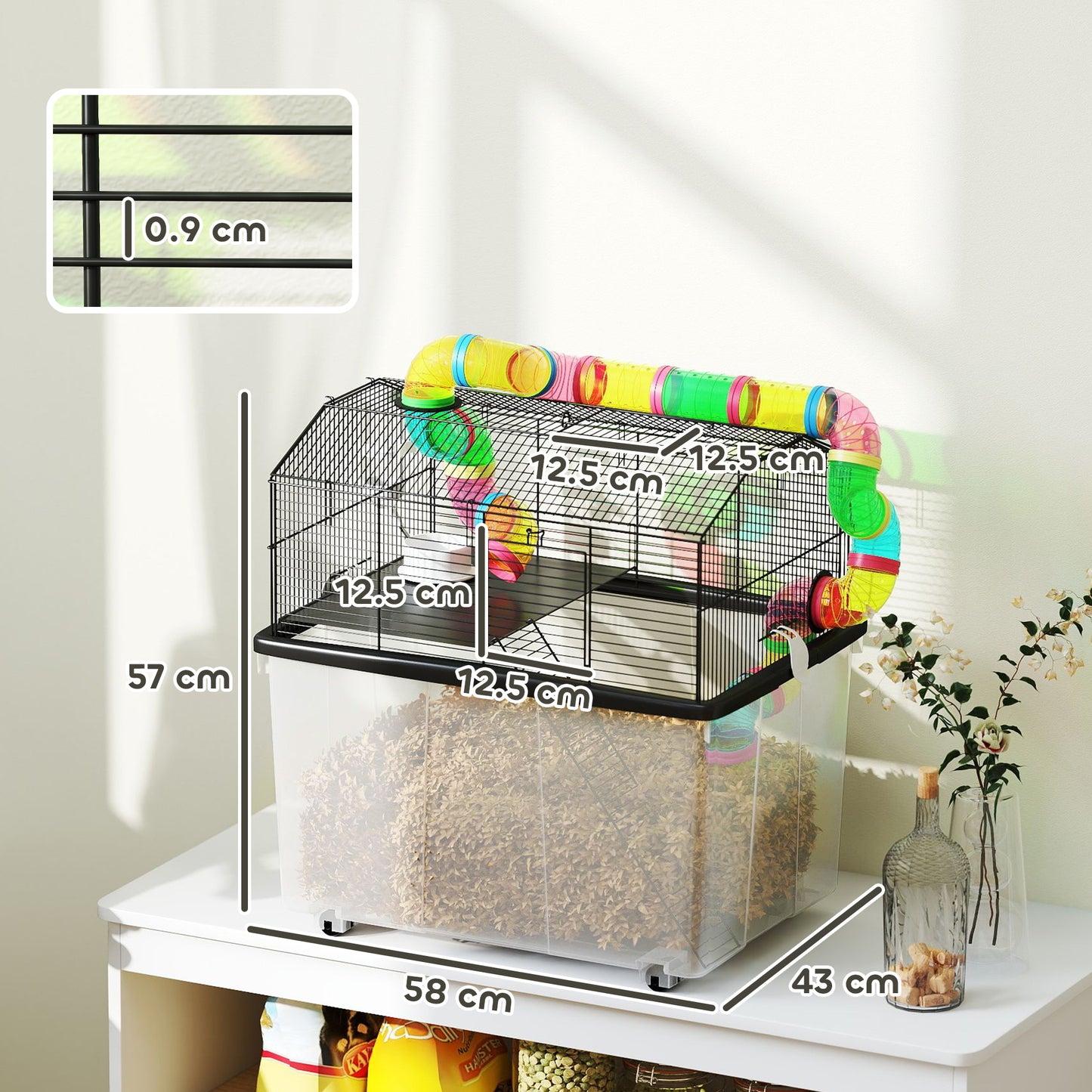 PawHut 2 Tier Hamster Cage with 31cm Deep Tray, Tube System, Water Bottle, Ramp, Feeding Bowl, 58 x 43 x 57cm, Multicolour