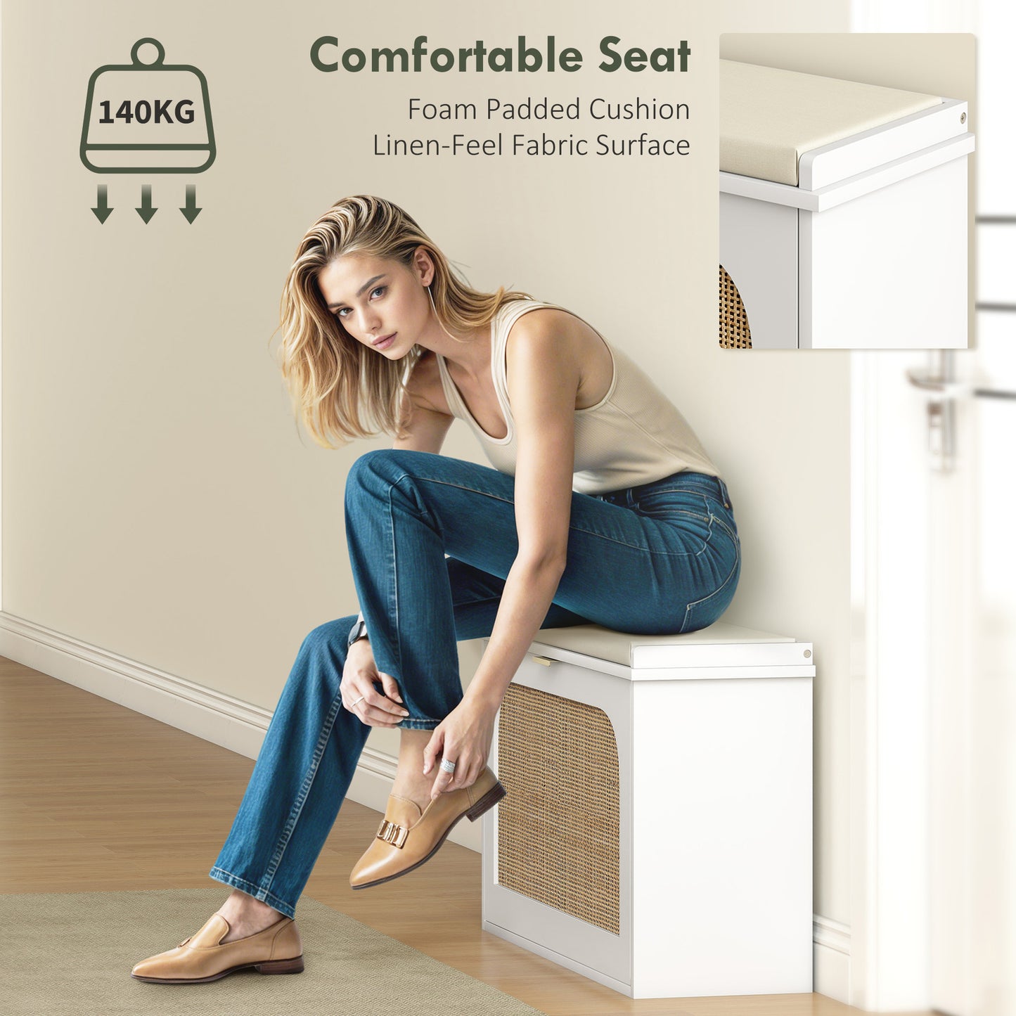 HOMCOM Boho Shoe Bench with Padded Seat and Flip-Drawer - White