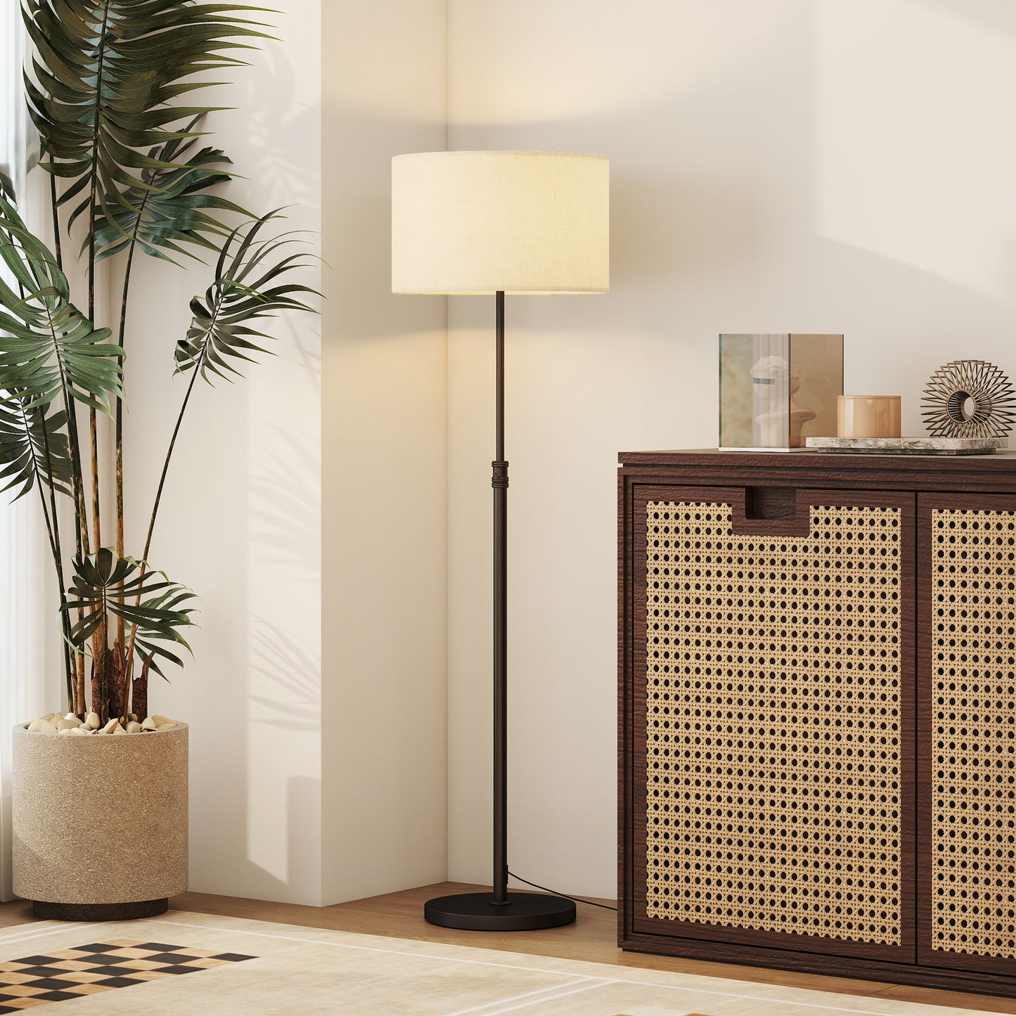 HOMCOM Floor Lamp, Height Adjustable with Linen Shade, Dimmable 3000K-6000K, Remote & Foot Switch for Living Room/Bedroom/Office, Black