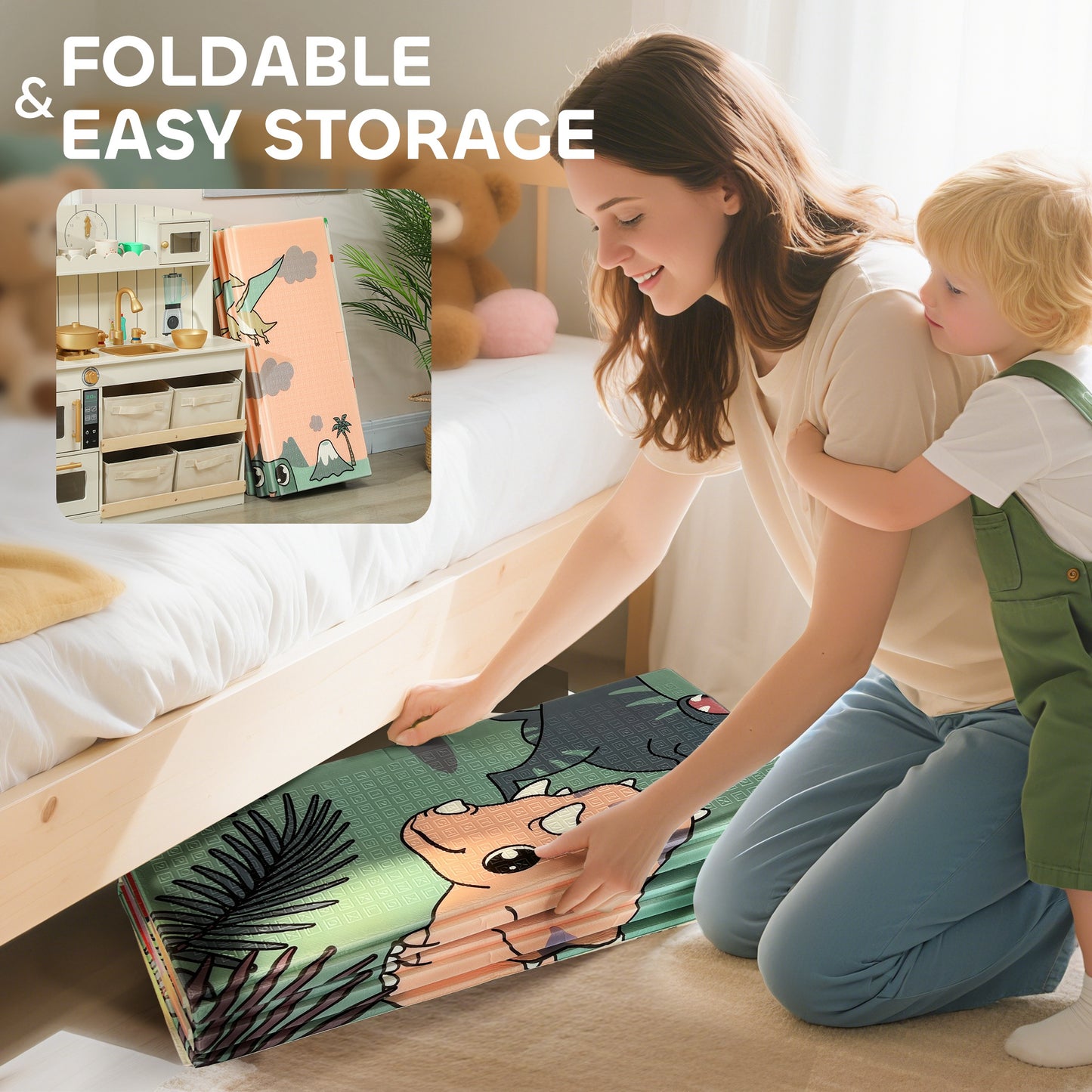 AIYAPLAY Baby Play Mat, Double Sideded Foldable Kids Crawling Mat, Reversible & Waterproof, Dinosaur