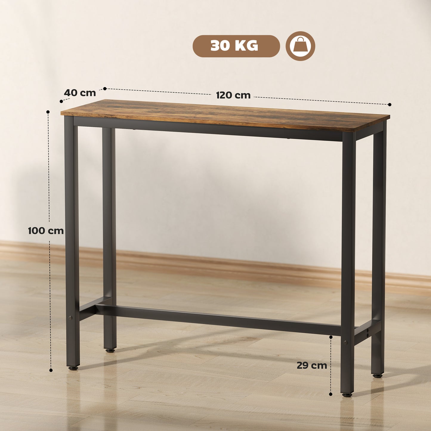 HOMCOM Rectangular Bar Table, Wood Effect Pub Coffee Table for Small Space, Breakfast Dining, Kitchen, Industrial, Rustic Brown
