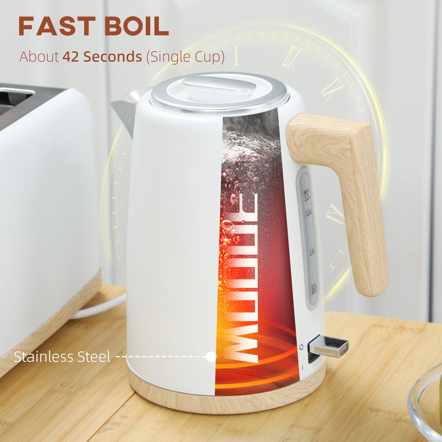 HOMCOM Kettle and Toaster Set, 1.7L 3000W Kettle & 2 Slice Toaster, 7 Levels, Defrost, Reheat, Auto Off, White