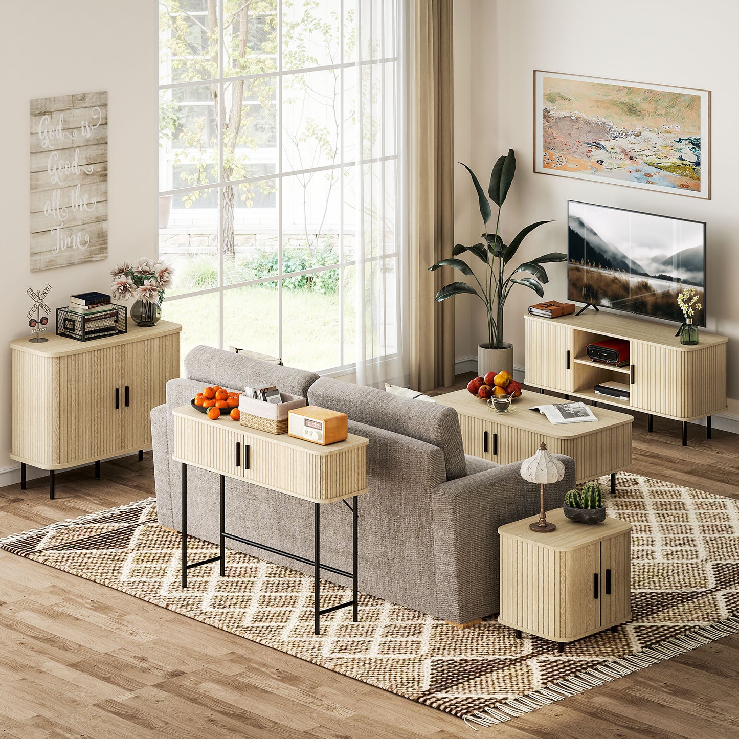 HOMCOM Coffee Table with Storage, Living Room Table with Slatted Tambour Sliding Doors and Foot Pads