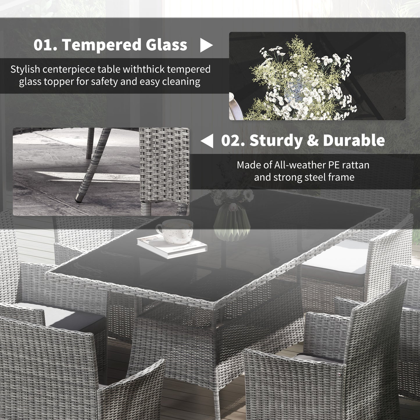 Outsunny 7-Piece Rattan Garden Furniture Set with Cushions, 6 Seater Table and Chairs, Charcoal Grey