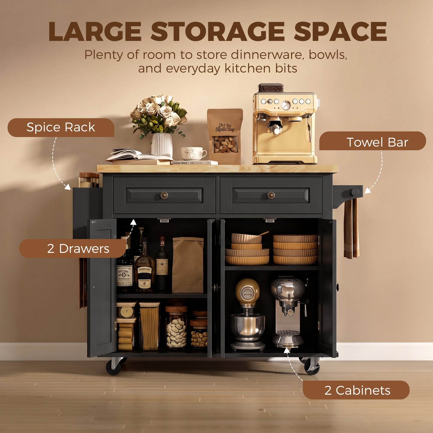 HOMCOM Kitchen Island on Wheels, Rolling Kitchen Trolley with Rubberwood Top, 2 Drawers, Adjustable Shelves, Black