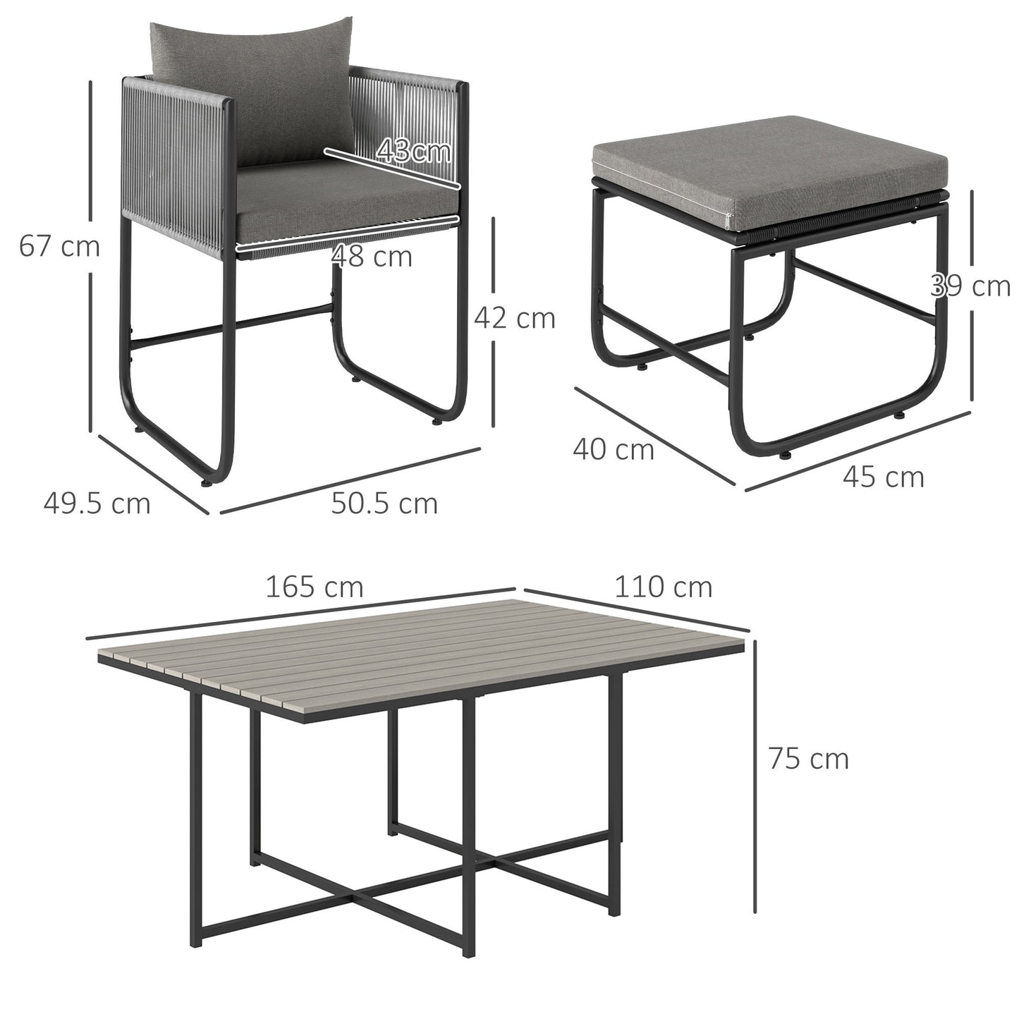 Outsunny Rattan Cube Garden Dining Set, 10 Seater with Cushions, 6 Armchairs, 4 Stools, Rectangular Table, Wood Grain Top, Grey